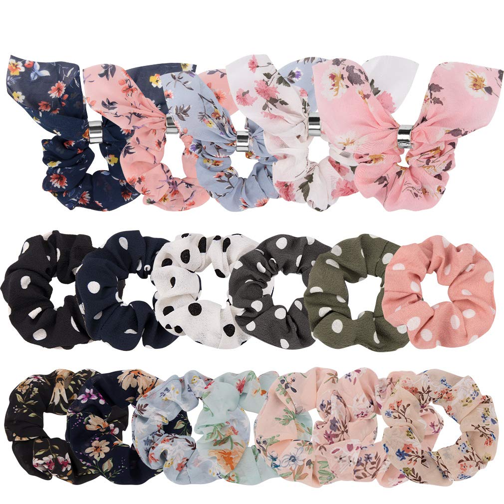 18 Pack Hair Scrunchies - TOBATOBA Large Women's Chiffon Flower Hair Scrunchies Hair Bow Chiffon Ponytail Holder,Including Bunny Ears and Vintage Styles