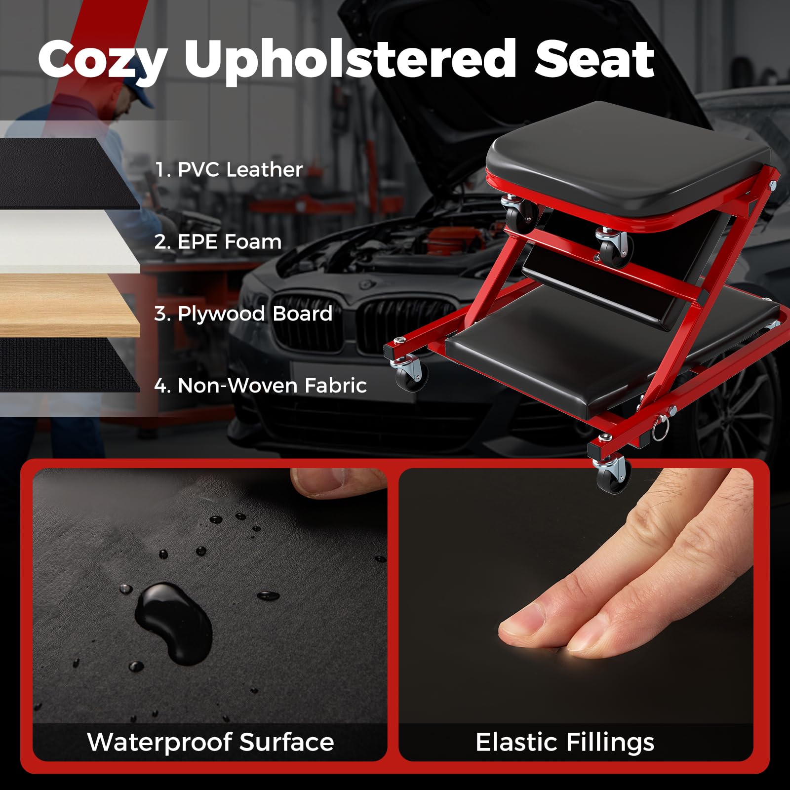 GOPLUS Tabla de Montaje 2 en 1, Taburete de Taller con Ruedas Giratorias de 360°, Camilla de Taller con Capacidad de hasta 150 kg, Tabla de Montaje Plegable con Función de Asiento y Camilla (Negro)