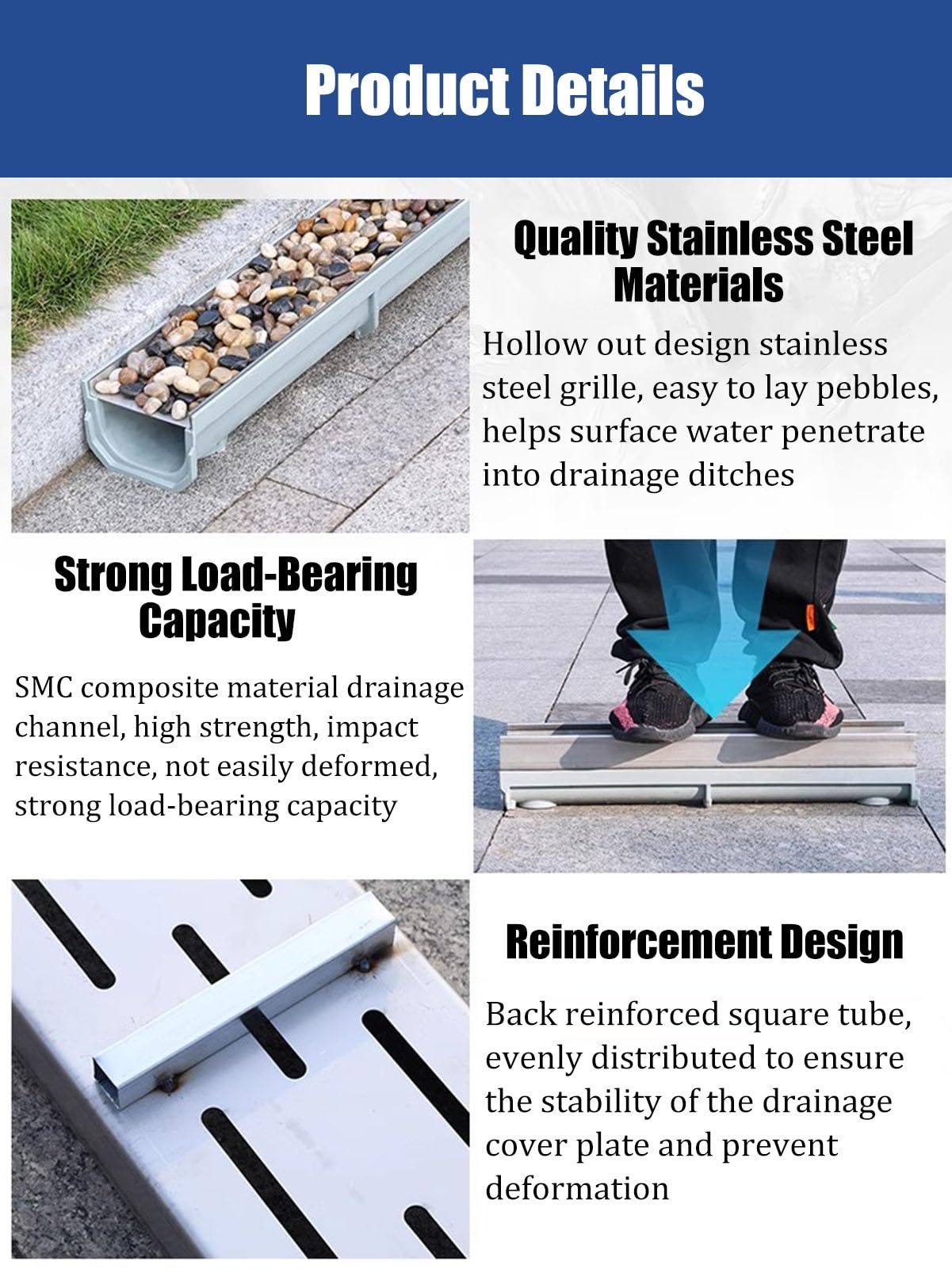 Canal de Drenaje de 100 cm con Rejilla extraíble de Acero Inoxidable, Ideal para Patios de hormigón y Uso Comercial. Sumidero Impermeable para Agua de Lluvia de 100 x 10