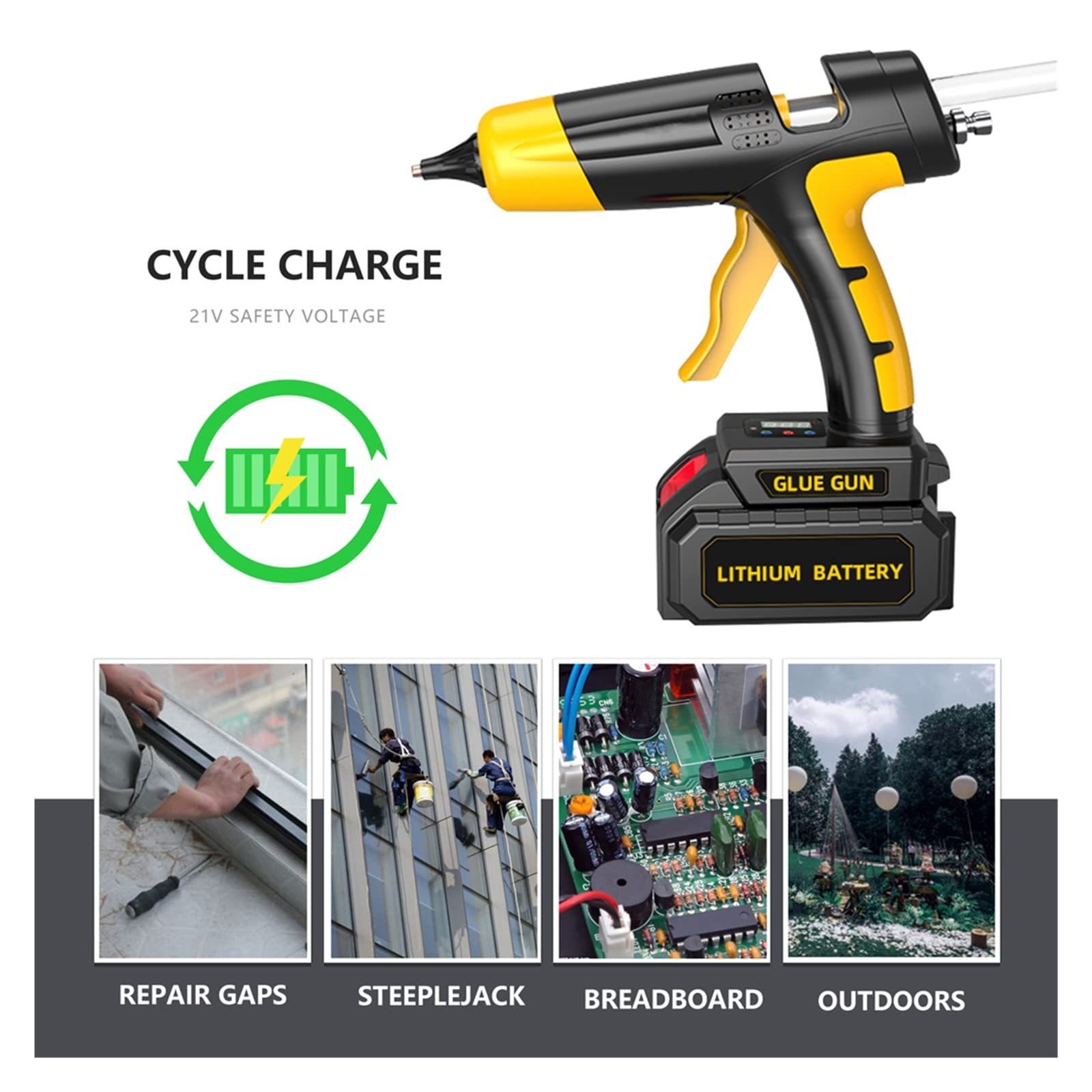 Pistola Silicona Eficiente Herramienta de pistola de pegamento caliente inalámbrica de 21V 120W con termostato de pantalla digital Batería reemplazable Use barras de pegamento de 11 mm for el hogar DI