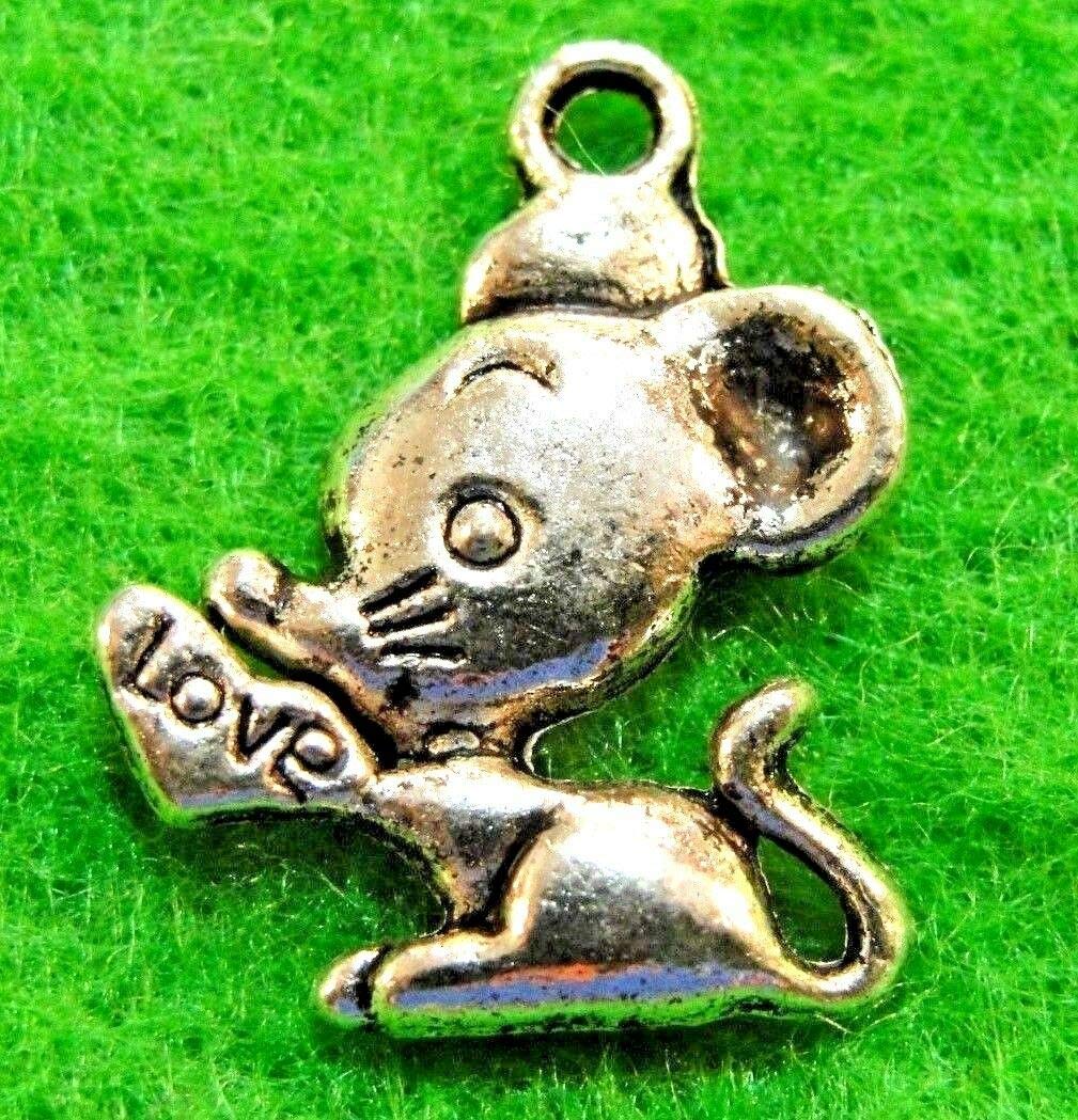 20-Pcs. Silver Cute"Love" Mouse Charms Pendants Earring Drops AN083 - Jewelry Making DIY Crafting Charm Beads for Bracelets