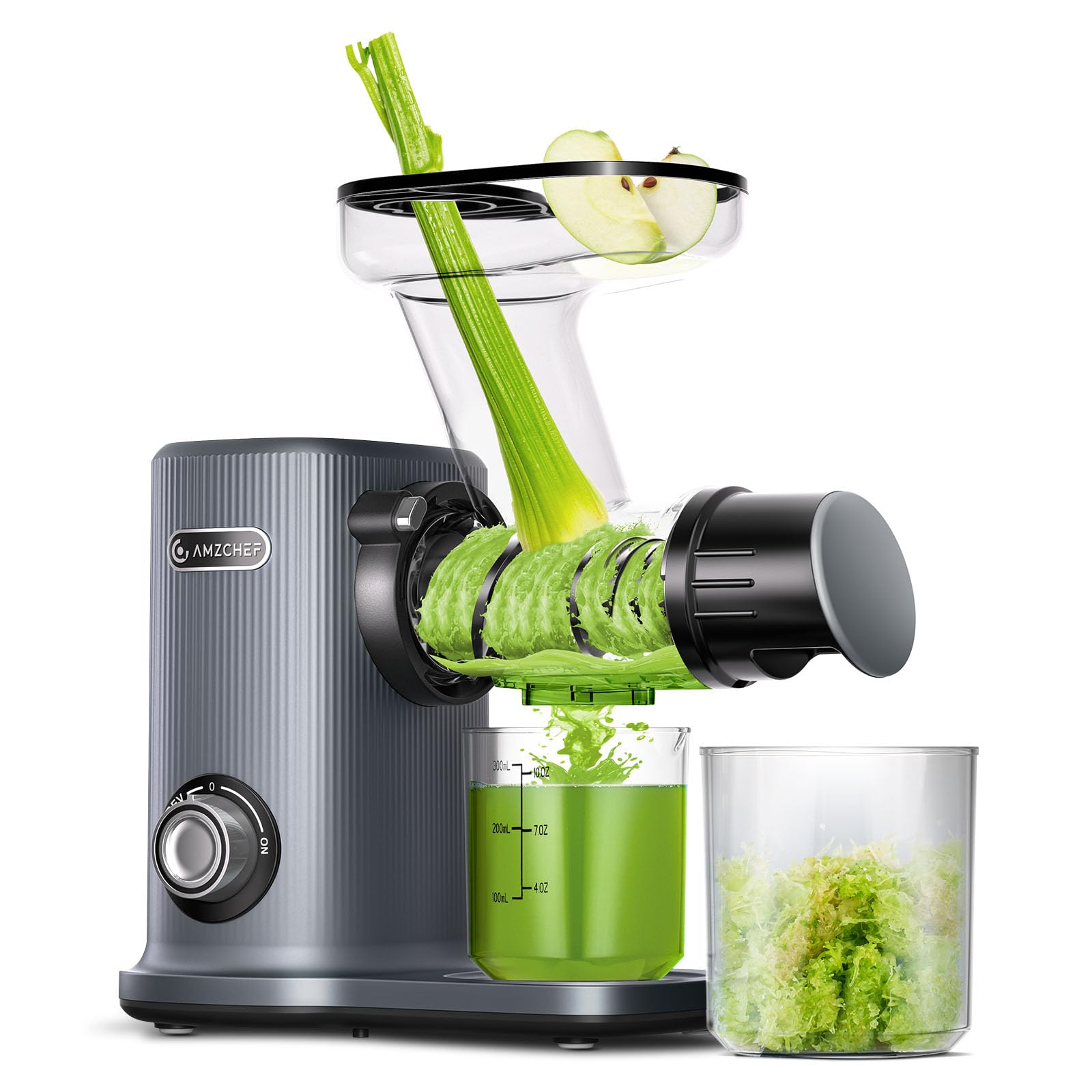 AMZCHEF Juicer Compacto Con Dos Modos De Alimentación Para Uun Uso Fácil - Extractor De Zumos Y Verduras De Alta Tecnología Con Masticación Inversa Y Un Rendimiento De Zumo Ultra Alto - Gris