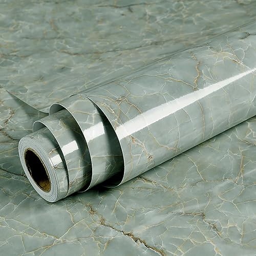 Yancorp 16"x120" Green White Contact Paper Removable Wallpaper Peel and Stick Countertops Bathroom Waterproof Marble Wallpaper Self-Adhesive Peel and Stick Backsplash for Cabinets Kitchen