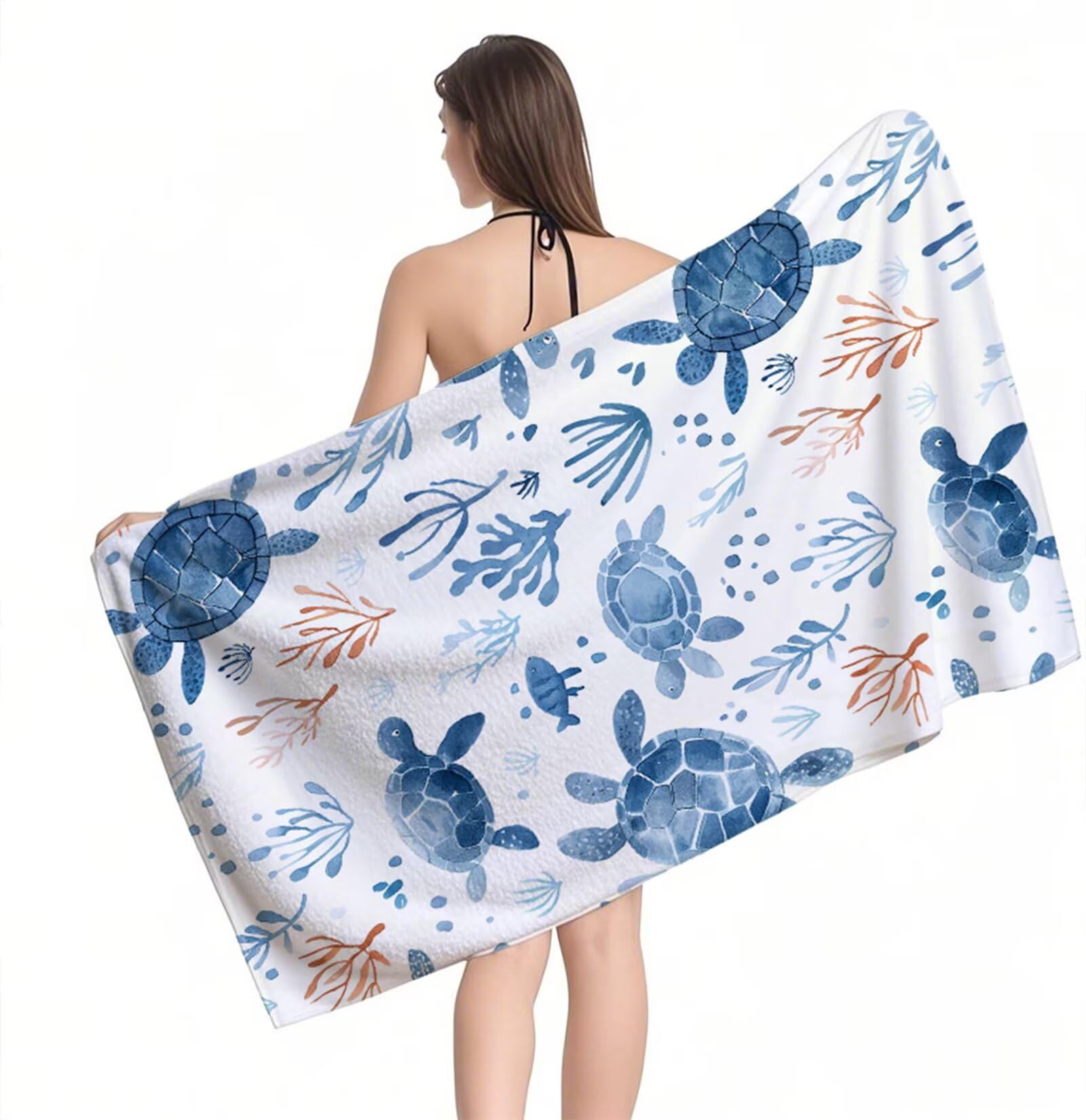 Duży ręcznik z mikrofibry XXL 220 x 100 cm ręcznik plażowy koralowy żółw ręczniki gimnastyczne szybkoschnące cienkie i kompaktowe ręczniki kąpielowe z torbą, ręcznik plażowy odporny na piasek dla