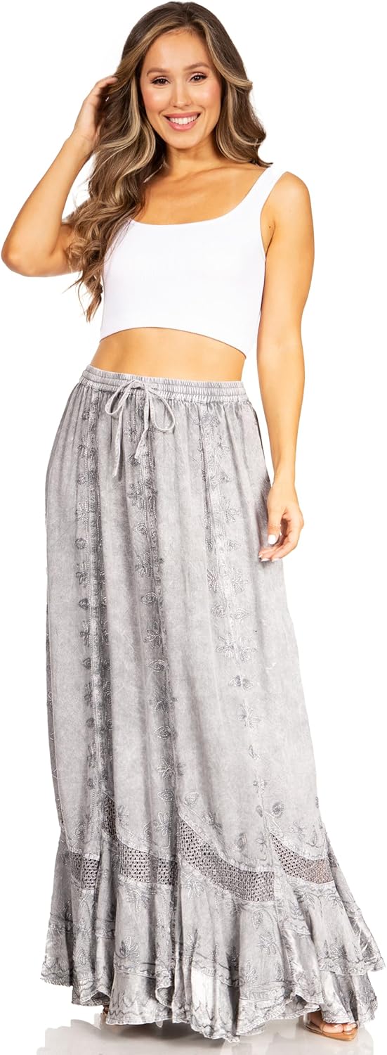 Sakkas Ivy Second Women's Maxi Boho Elastic Waist Embroidered A Line Long Skirt