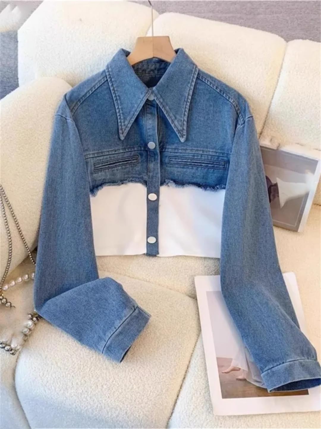 Womens Denim Patchwork Pants Sets Long Sleeve Single-Breasted Short Jacket Straight Trousers Two Piece Set