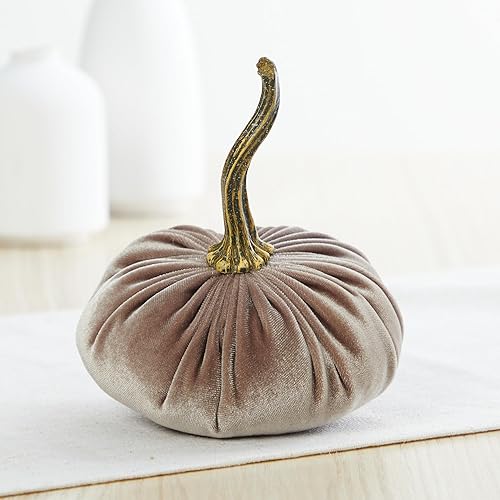 Vista 42 de Set of 3 Velvet 6.25 Inch Pumpkins, fall decor, cozy autumn vibe, tiered tray tablescape, elegant accent decor, Thanksgiving centerpiece, neutral