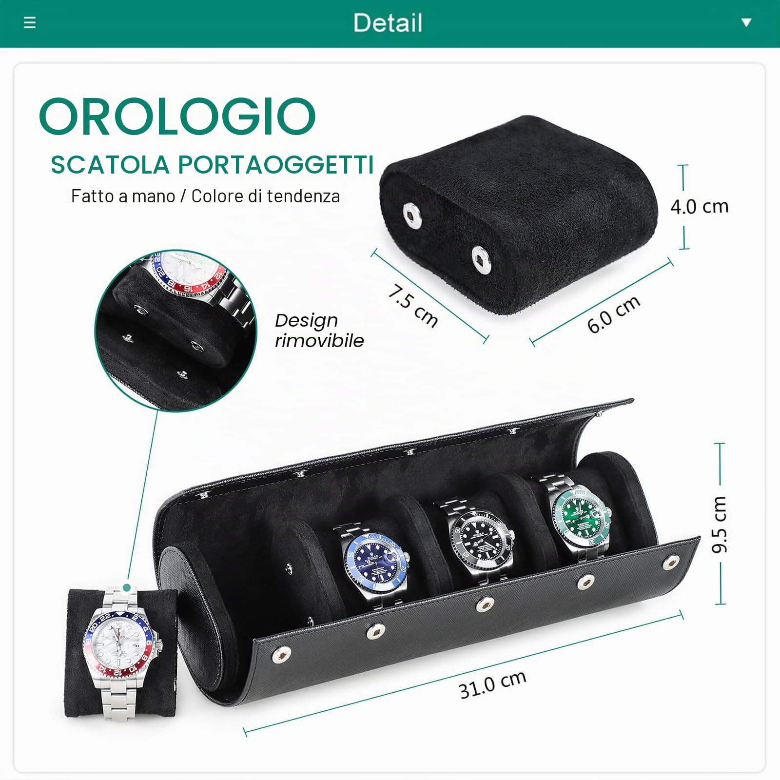 Hiram Custodia per Orologi Custodia da Viaggio per 4 Orologi Scatola Portaoggetti per Orologio da Viaggio in Vera Pelle Saffiano (Nero)