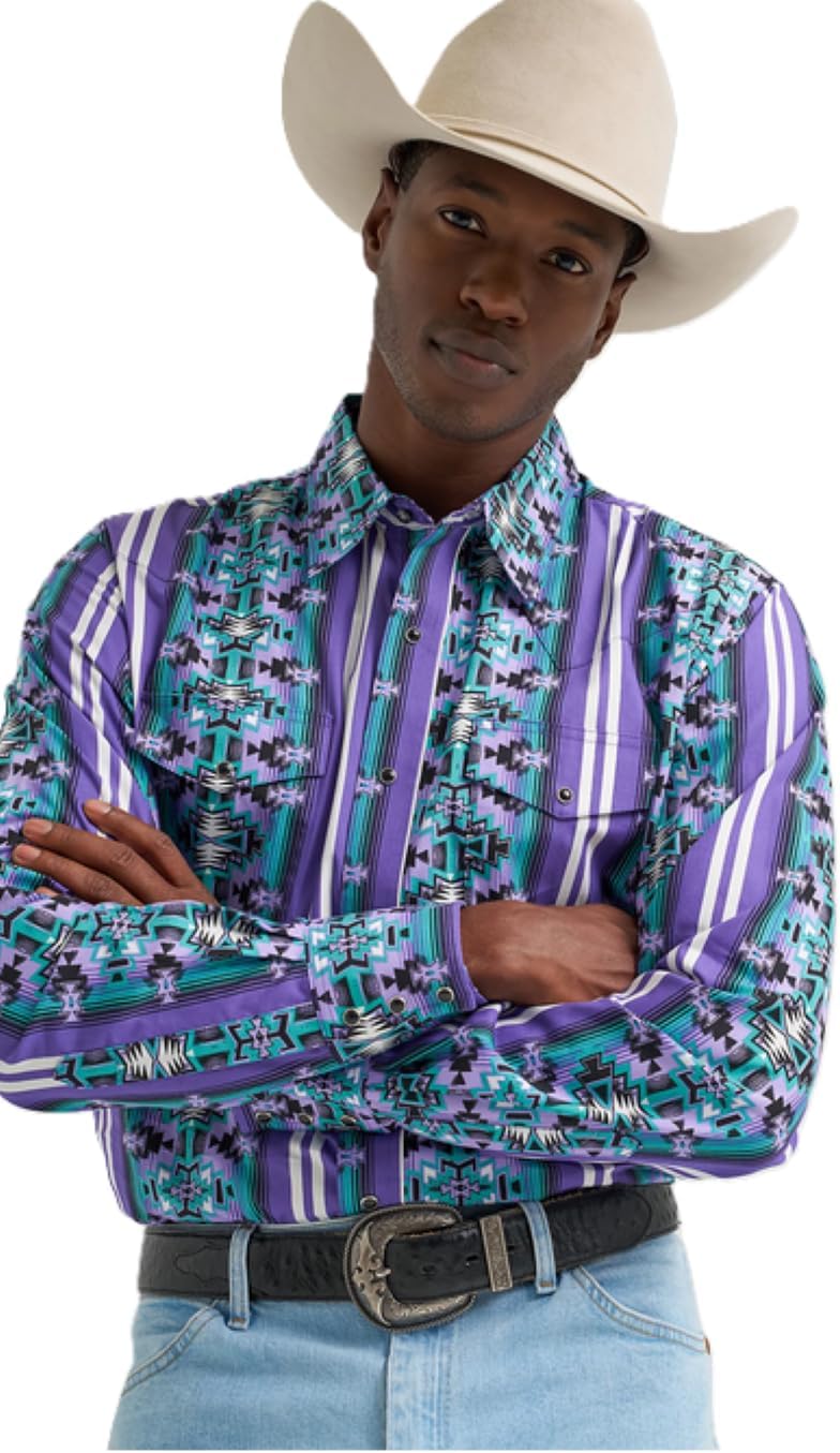 Wrangler Men's Checotah Long Sleeve Western Snap Printed Shirt Violet Serape (US, Alpha, Large, Regular, Regular)