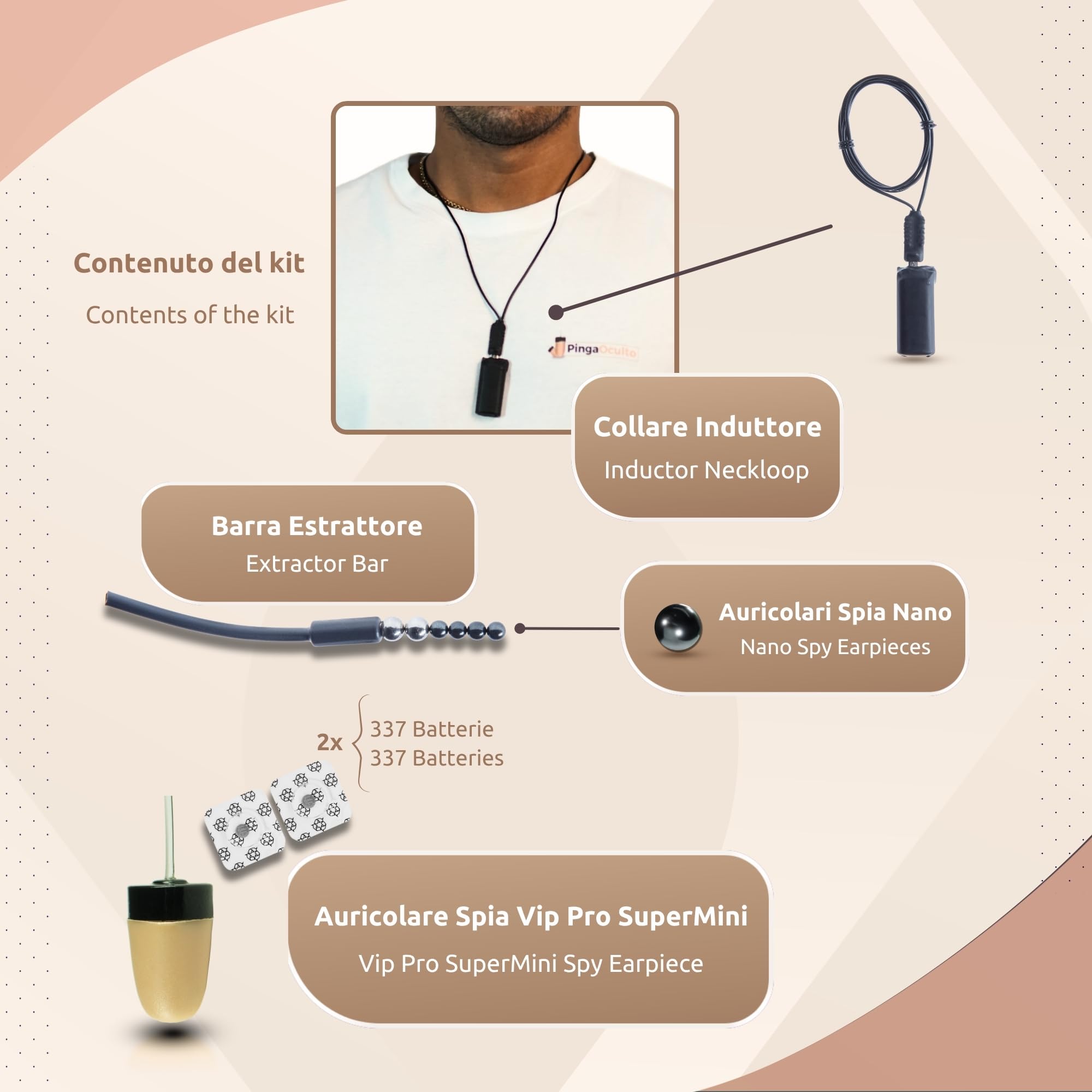 PingaOculto Auricolari Spia Bluetooth Esami (Nano V8 + Vip Pro SuperMini) | 2 microauricolari (Nano e Vip Pro SuperMini), Microfono integrato, Chiamate e registrazioni, Collare a induzione, Invisibile