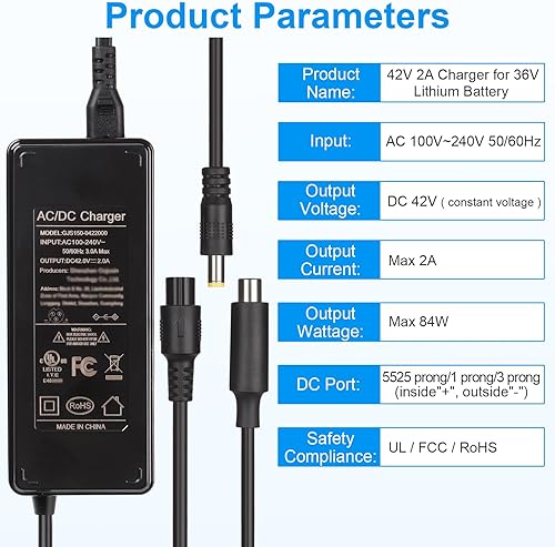 Miniatura 2 de Cargador de 42 V 2 A, 3 en 1 de repuesto universal de 42 V con 3 clavijas, puerto de 1 clavija