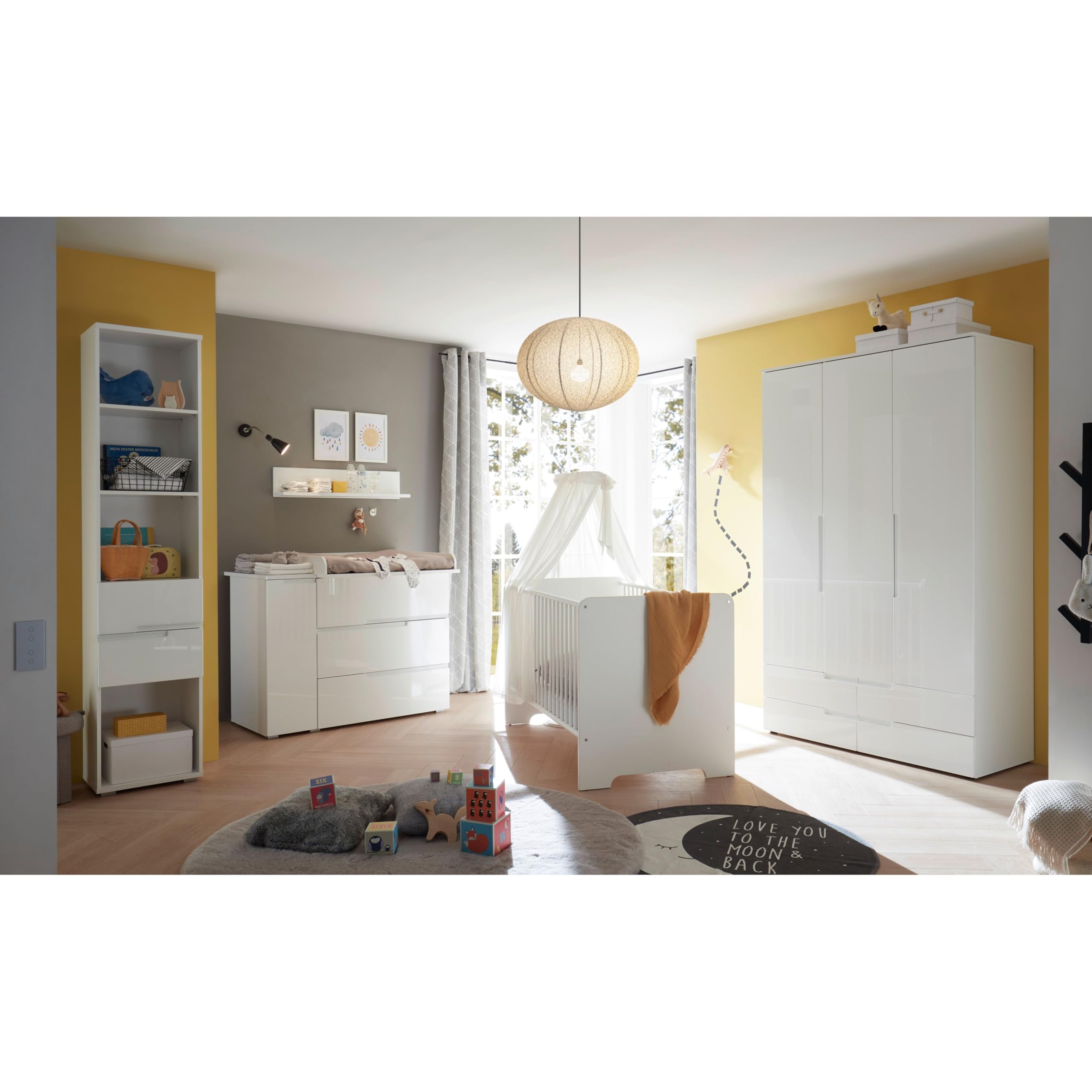 SPICE Wickelkommode inklusive Wickelaufsatz Weiß Hochglanz Wickeltisch | 120 x 102 x 80 cm (B/H/T), 1 Tür mit Boden, 3 Schubkästen, Griffmulden, Babyzimmer
