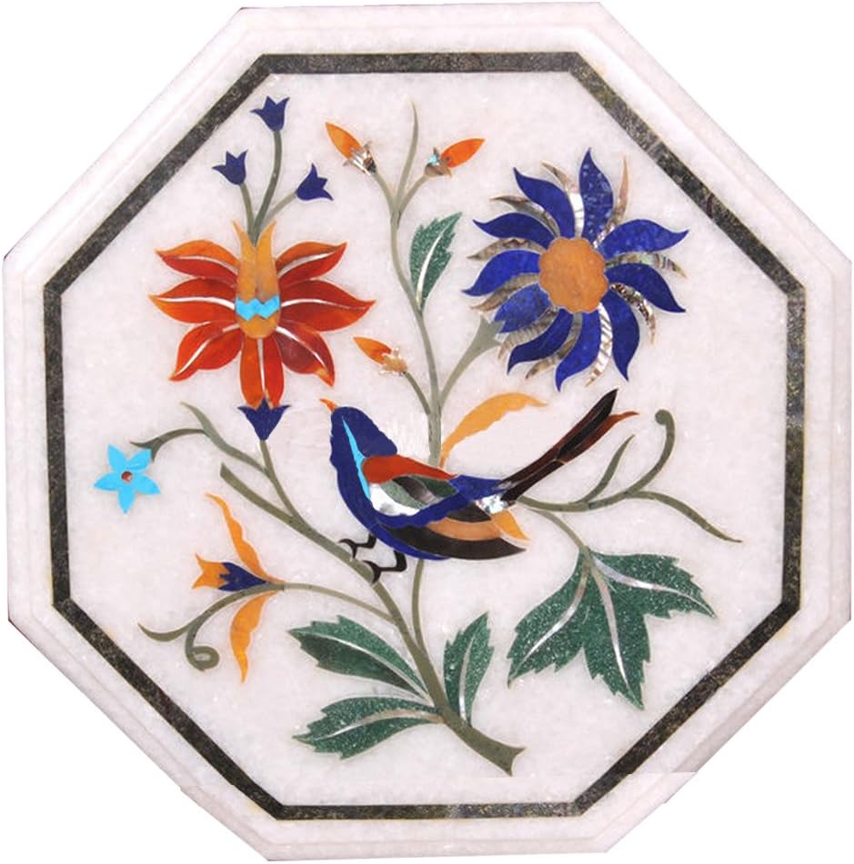 White Marble Inlay Pietra Dura Coffee Table Top 15" inch ~ Beautiful Blue and Red Flowers and Birds Design Made from One Marble Stone Indoor and Outdoor Luxury Home Decor for Gift Purpose