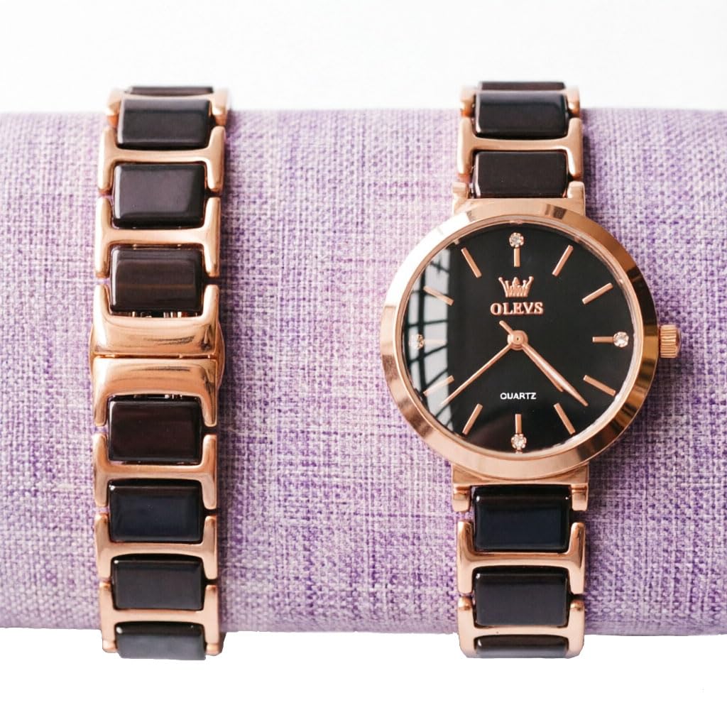 Damenuhr, Roségold Keramik Edelstahl-Uhr, 30mm Kleines Zifferblatt | Minimalistische analoge Quarzuhr, wasserbeständig, für schmale Handgelenke, Schwarz & Weiß – elegantes Geschenk für Damen