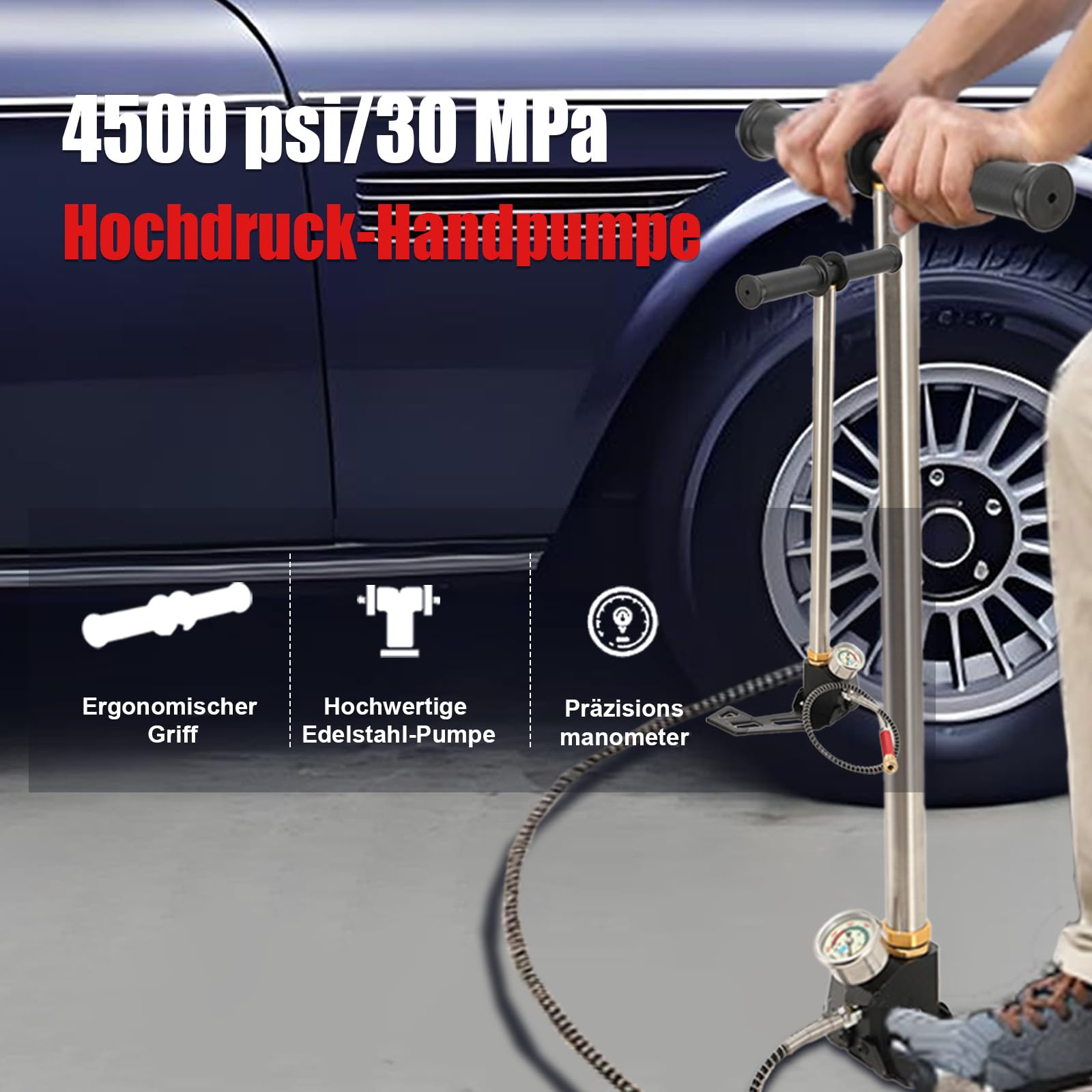 LALABU PCP-Handpumpe,Dreistufige Hochdruckluftpumpe,30 MPa 4500 PSI Hochdruck PCP Luftgewehr Füllbügelpumpe mit Manometer für Fahrrad, Luftgewehr