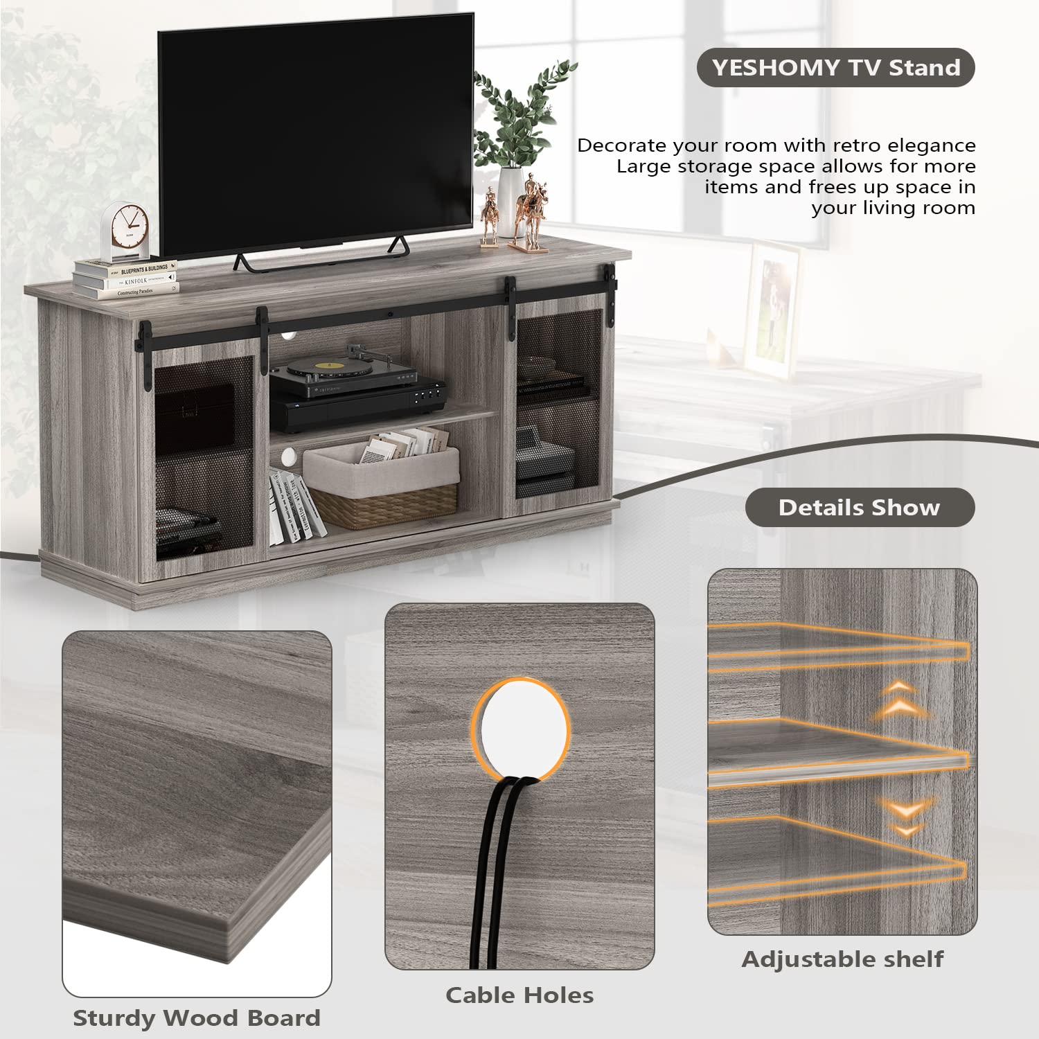 YESHOMY Modern Farmhouse TV Stand with Sliding Barn Door and Storage Entertainment