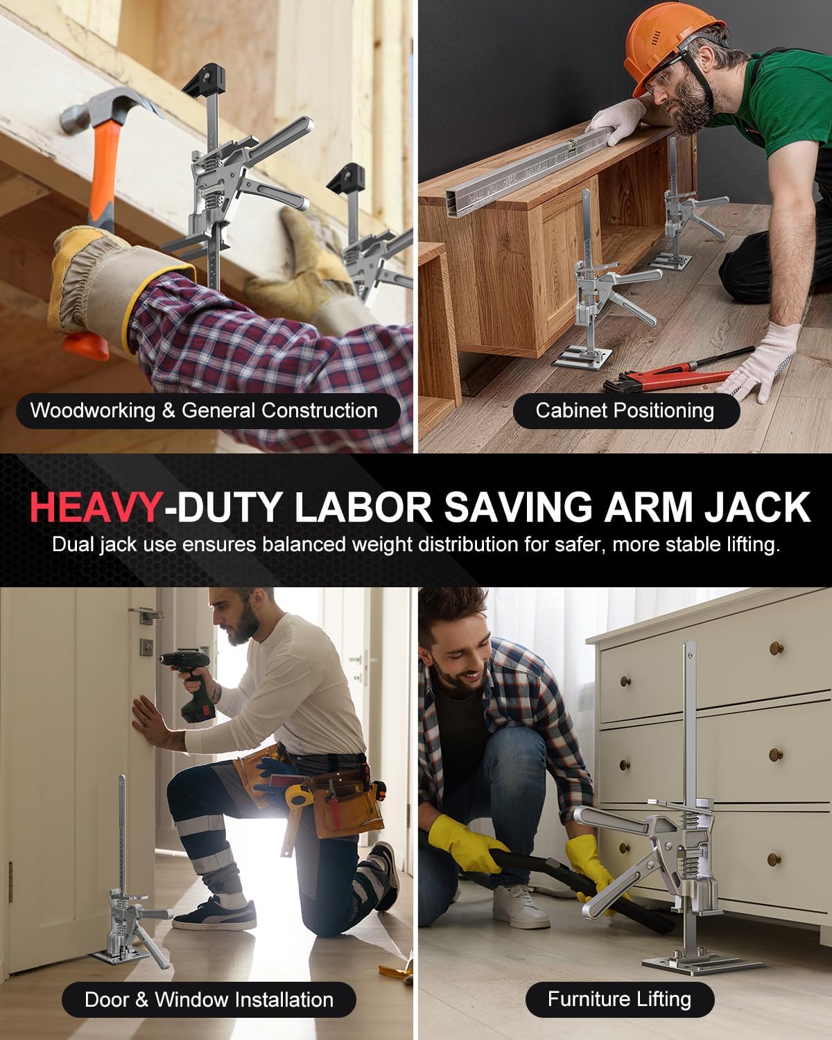 Kolvoii Labor Saving Arm Jack 2 Pack, 10" Height-Adjustable All-Metal Hand Lifting Jack Tool for Furniture, Door, Window, Cabinet and Drywall Installation