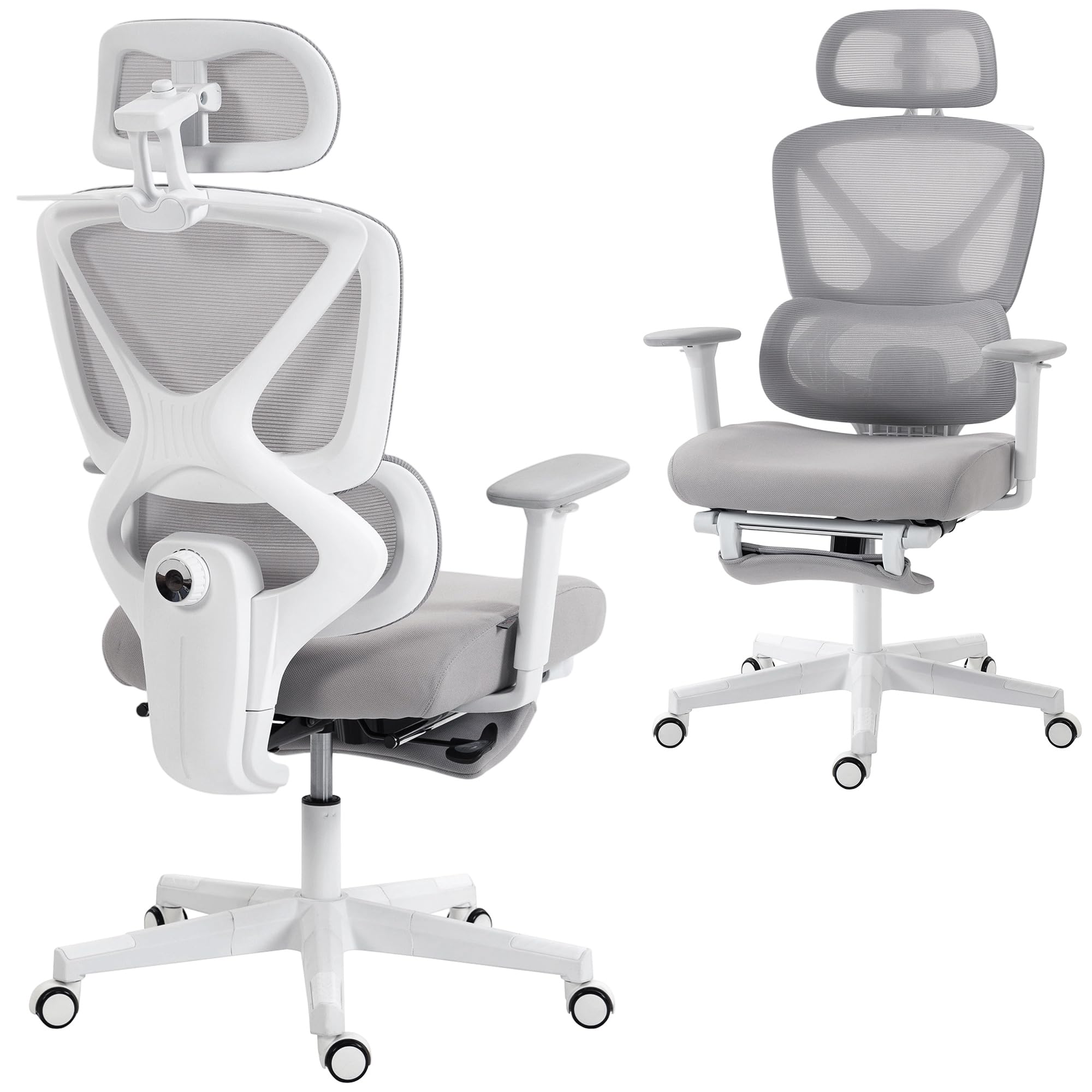HOMCOM Ergonomic Office Chair, Mesh Desk Chair with 3D Armrests, Rotatable Headrest, Adjustable Lumbar Support, Coat Hanger, Recliner Computer Swivel Chair with Footrest for Home Office, Grey