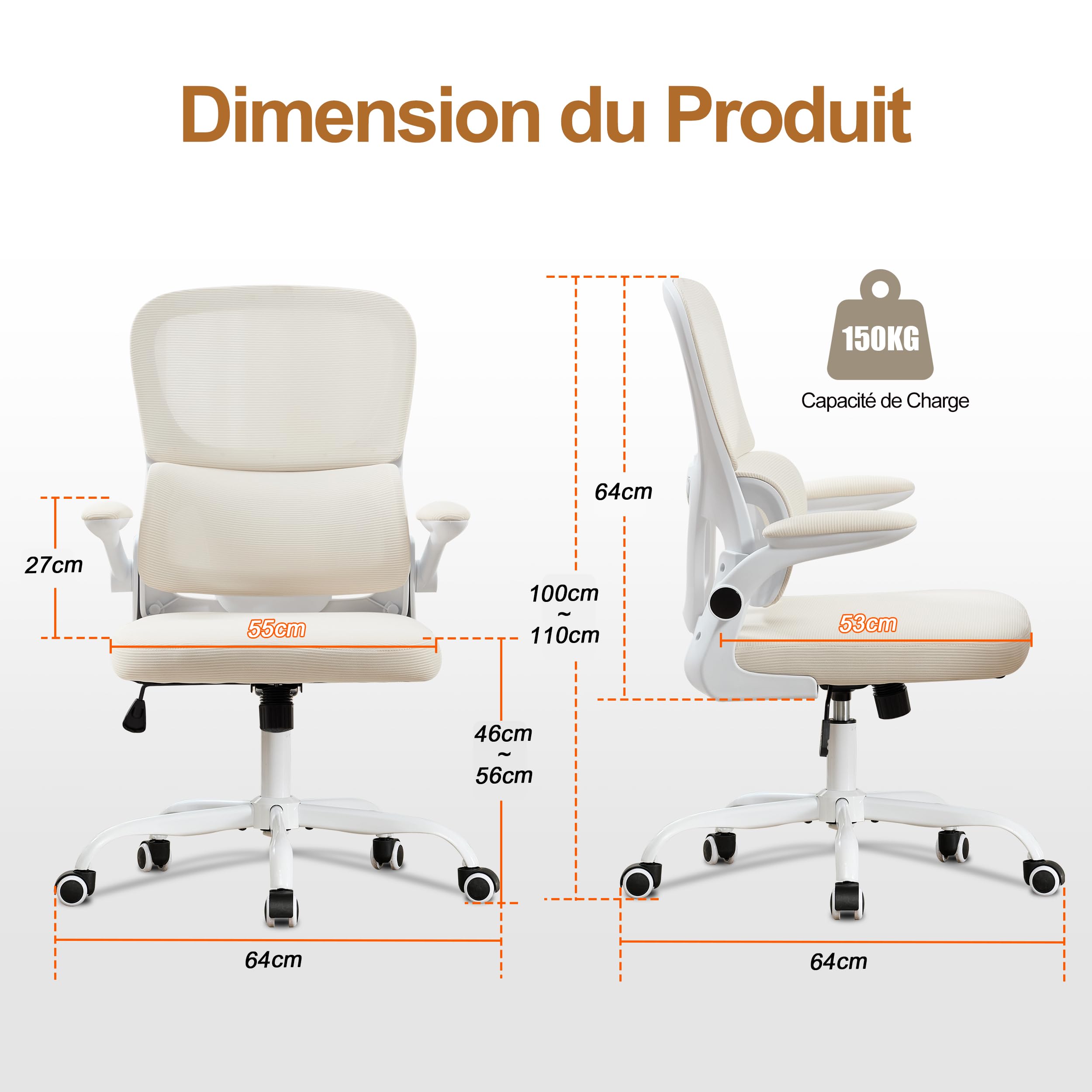 UEV Chaise de Bureau Ergonomique, Fauteuil avec Accoudoirs Réglables, Beige