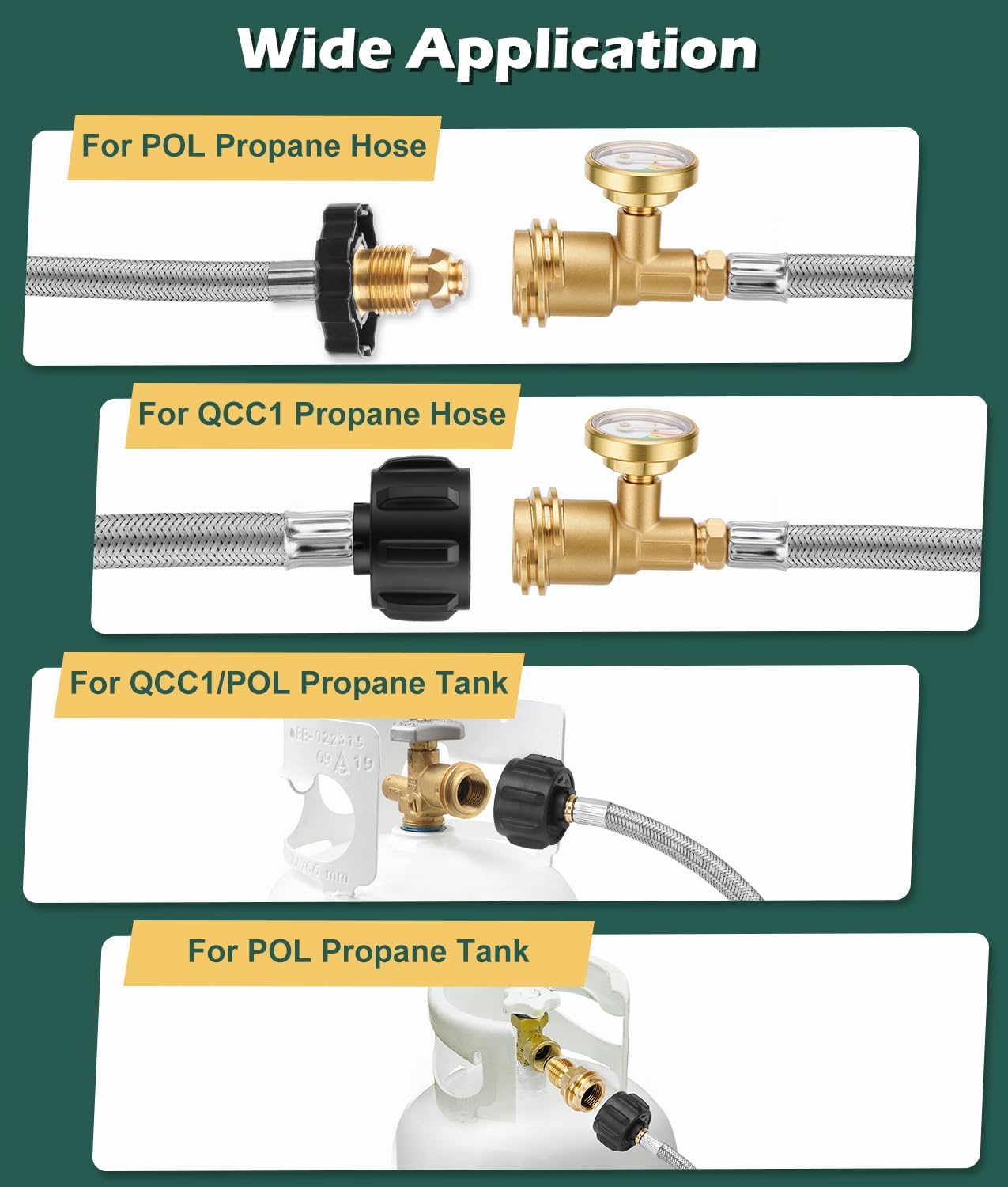 WADEO 12 Feet Propane Tank Extension Hose Braided with Gauge, Include Tank Adapter Converts POL 100 lb Propane Tank to QCC1 for Gas Grill, Heater and Propane Appliances