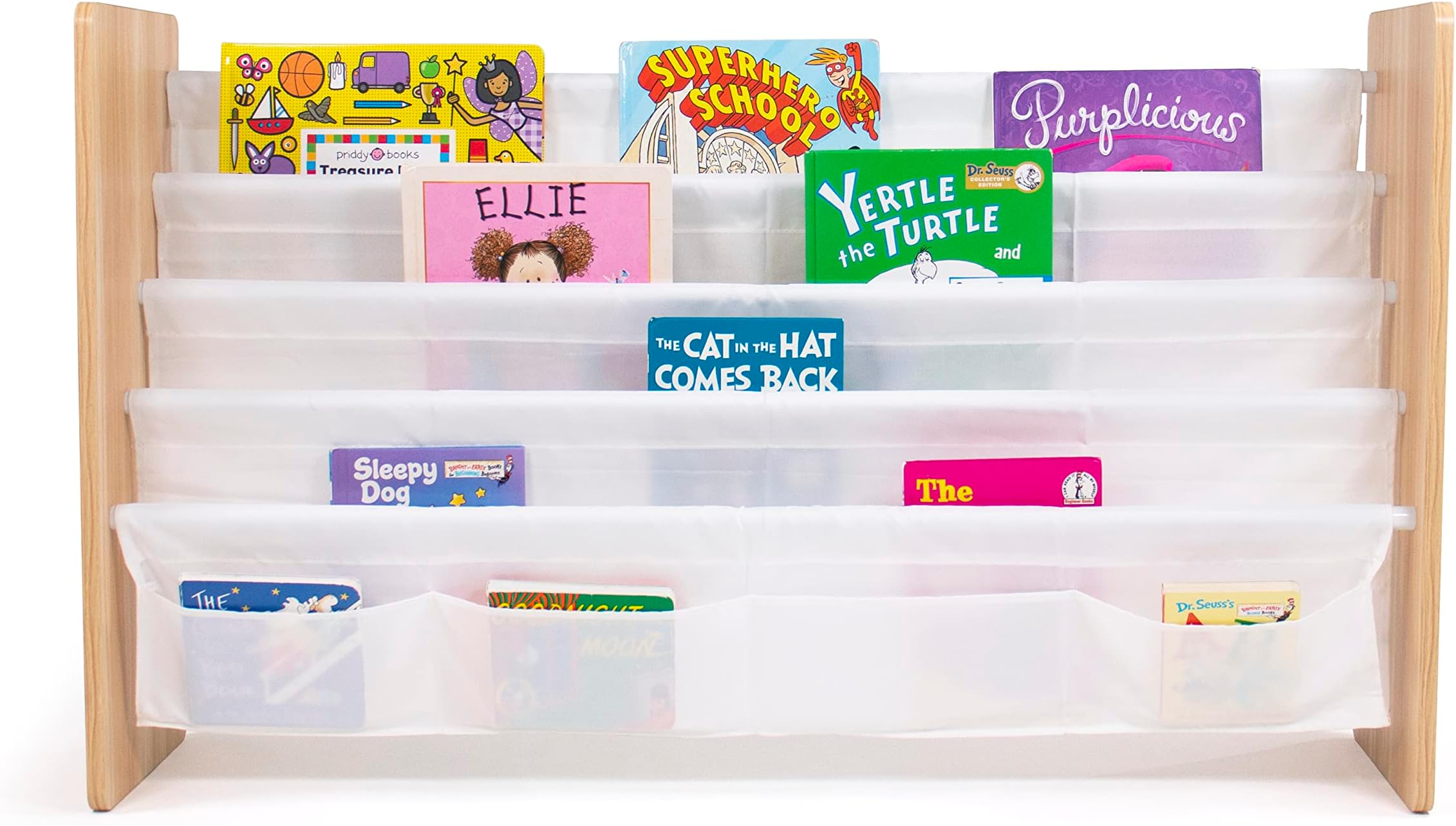 Humble Crew, Natural Wood/White Extra Large Kids 4 Tier Bookrack with 4 Front Pockets for Smaller Books