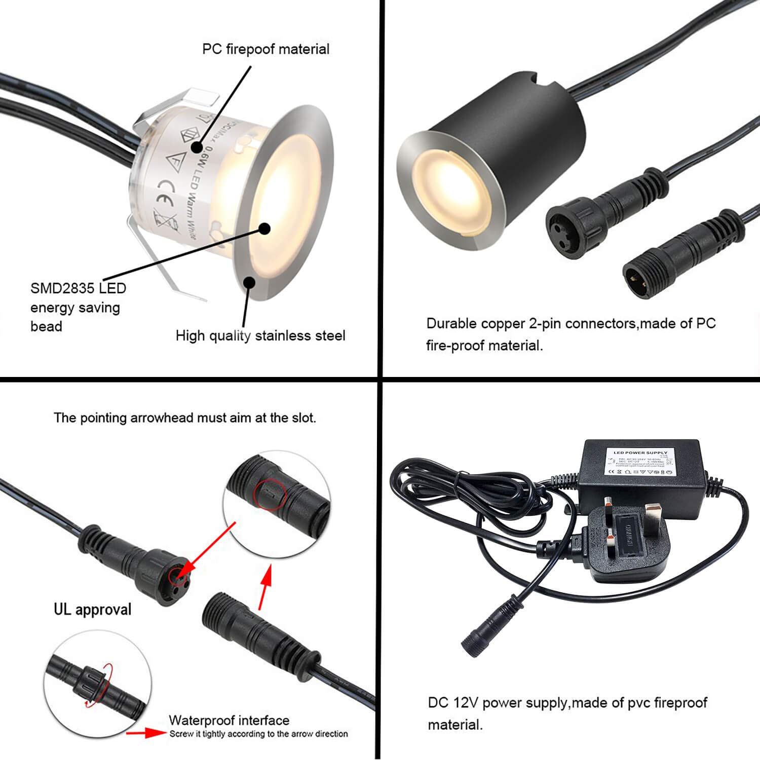 SMY 16er Set 12V Terrassen Einbaustrahler Warmweiß, 0,6W Ø32mm LED Bodeneinbaustrahler IP67 Wasserdicht für Innen Aussen Küche Garten Holzbrücke Holzdeck Gehweg 2800K(Mit EU-Stecker)