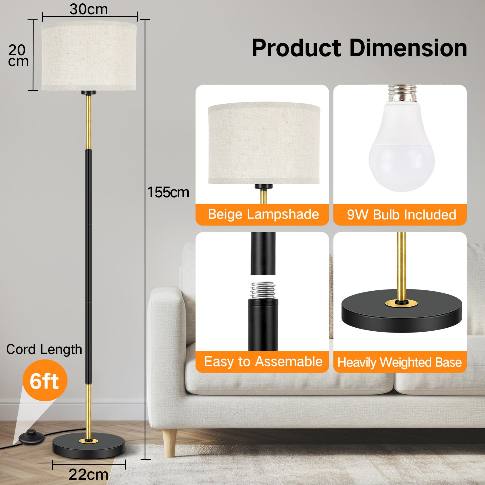 OUTON Lampa Podłogowa do Salonu 3 Temperatury Barwowe, Lampa Stojąca LED z Żarówką E27 i Przełącznikiem Nożnym, Nowoczesny Design Lampa do Czytania z Lnianym Abażurem do Sypialni, Biura(Czarno-Złota)