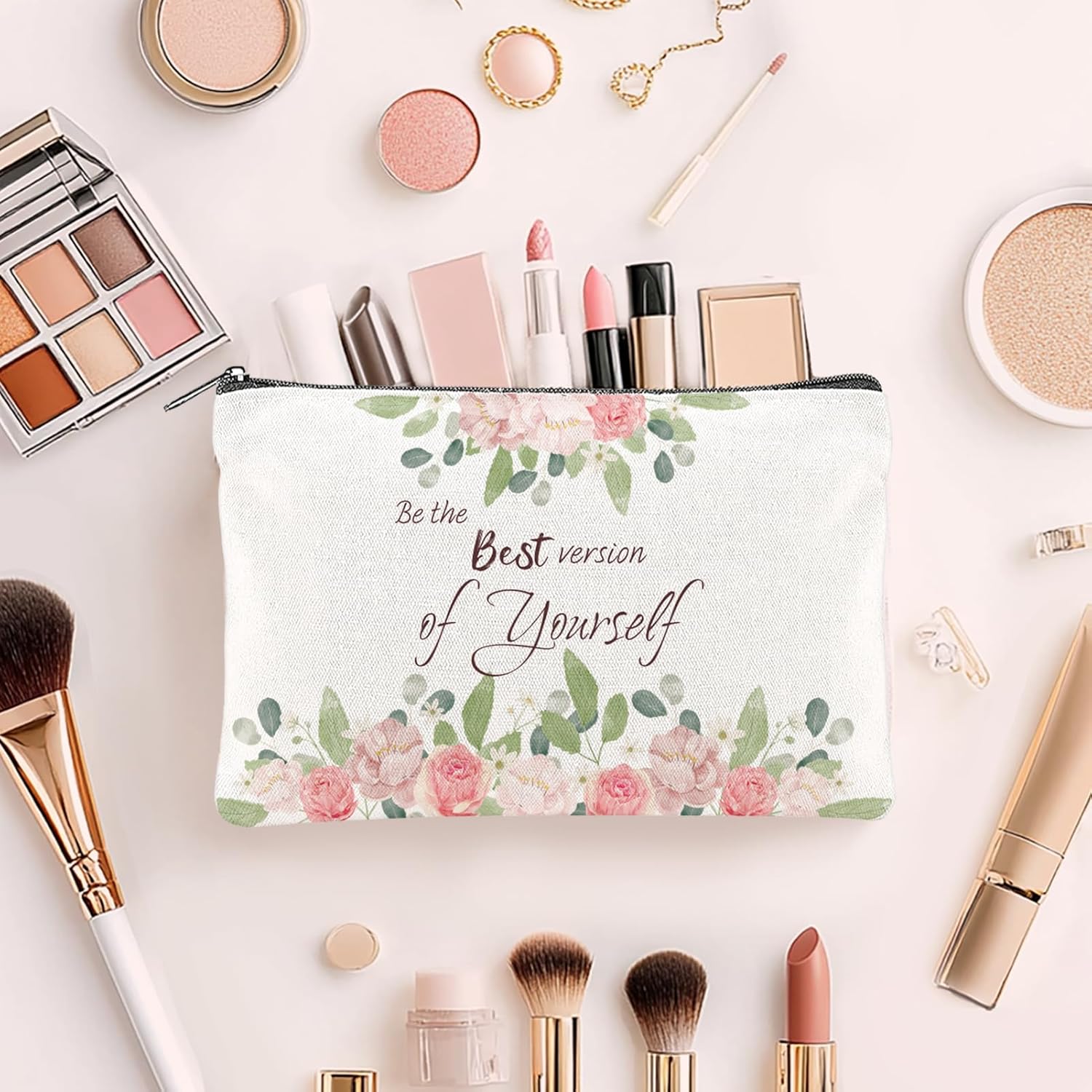 16PCS Canvas Cosmetic Bags Bulk Inspirational Quotes Makeup Bags for Women Encouragement Travel Pouch with Zipper Flower Cosmetic Pouch for Christmas Friendgiving Friend Gifts - Image 5