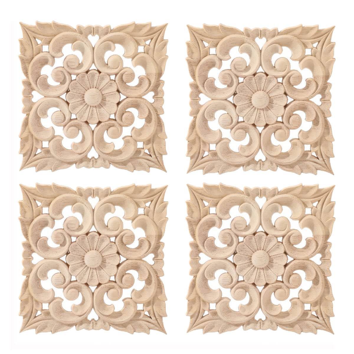 Verve Jelly 4pcs Floral Woodcarving Decal Wood Carved Applique Onlay for Decoration Furniture Decals Corner Door Drawer Ceiling, 5.9 * 5.9in
