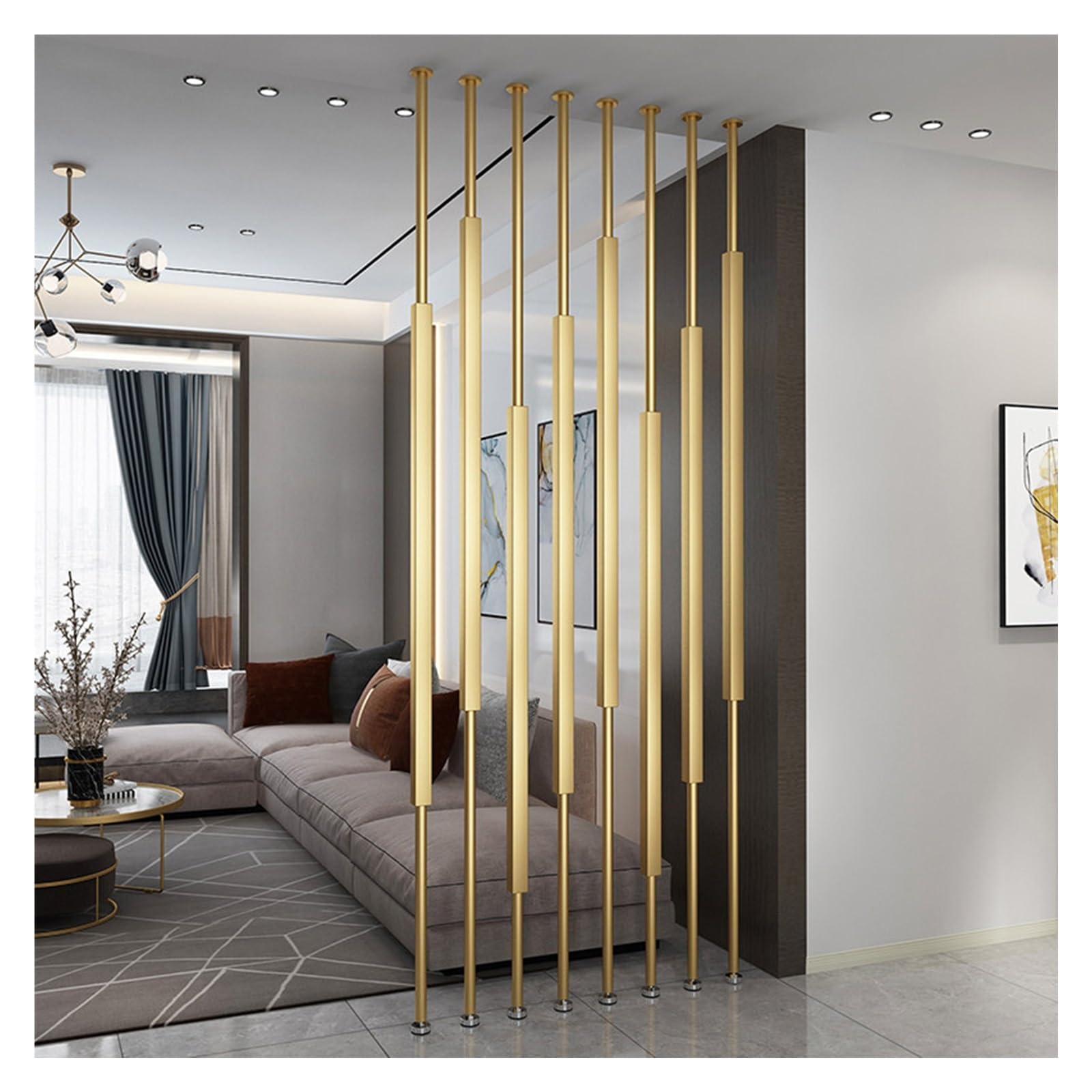HAIXHX 8pcs Freestanding Metal Vertical Room Divider, Modern Square Bar Partition Separator, Decor Screen for Home Entryway & Office(Gold,7.05ft/215cm)