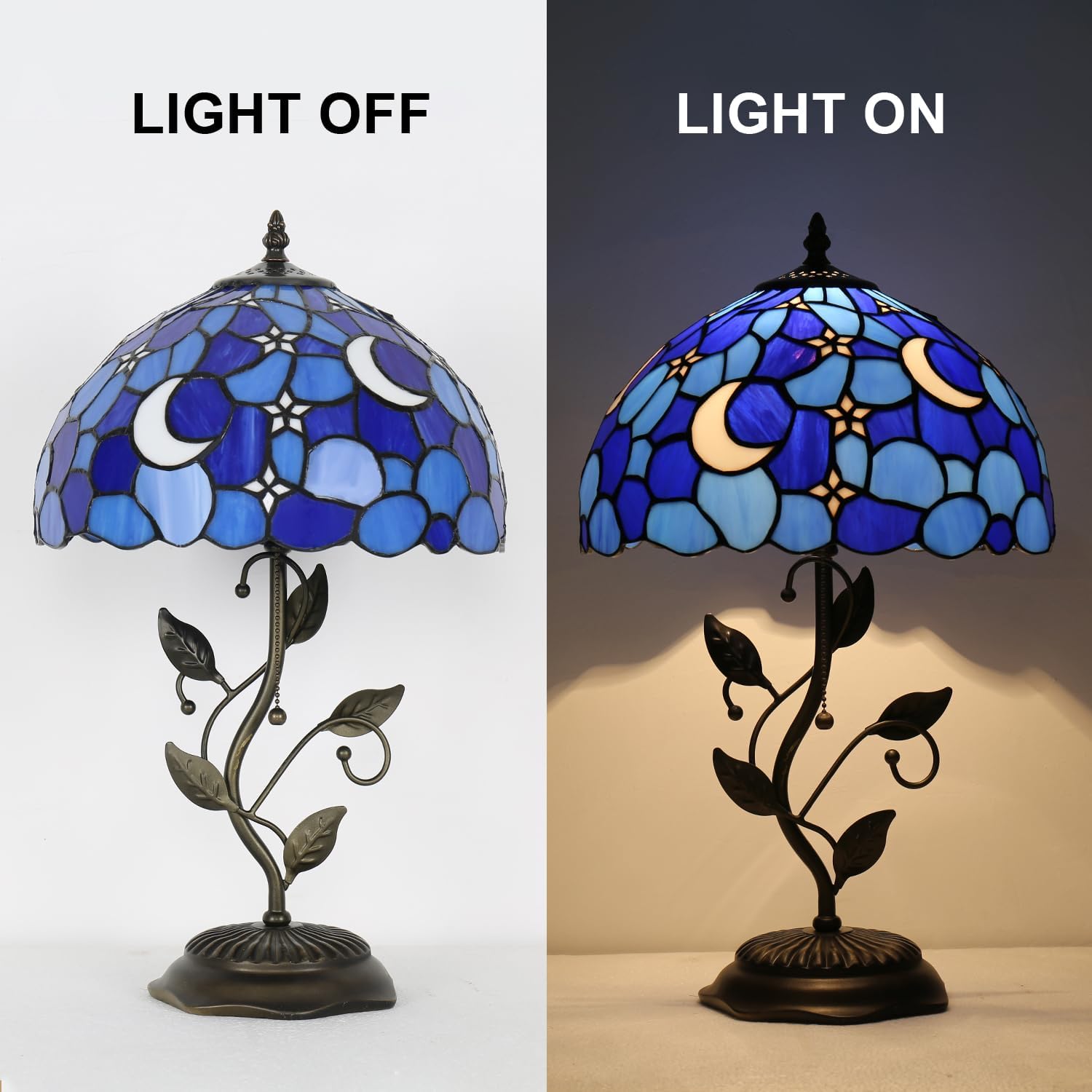 Tiffany Style Table Lamp,Stained Glass Moon Table Lamp,12X12X19 Inch Reading Light, Metal Leaf Base Antique Glass Desk Decor Lamp.