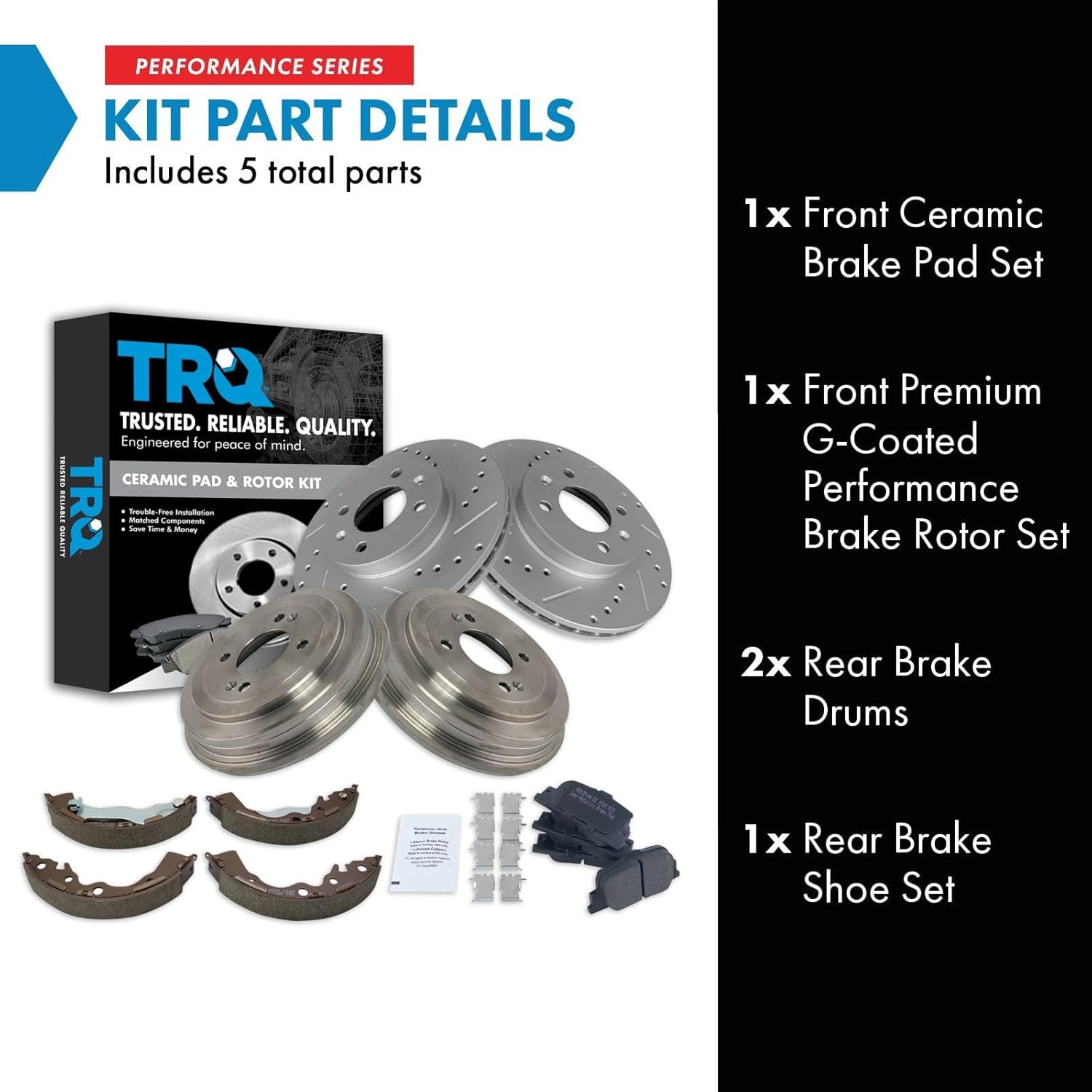TRQ Front & Rear Brake Pad & Rotor,Shoe & Drum Kit Premium G-Coated Performance Slotted X Drilled Ceramic Compatible with 2006-2011 Kia Rio