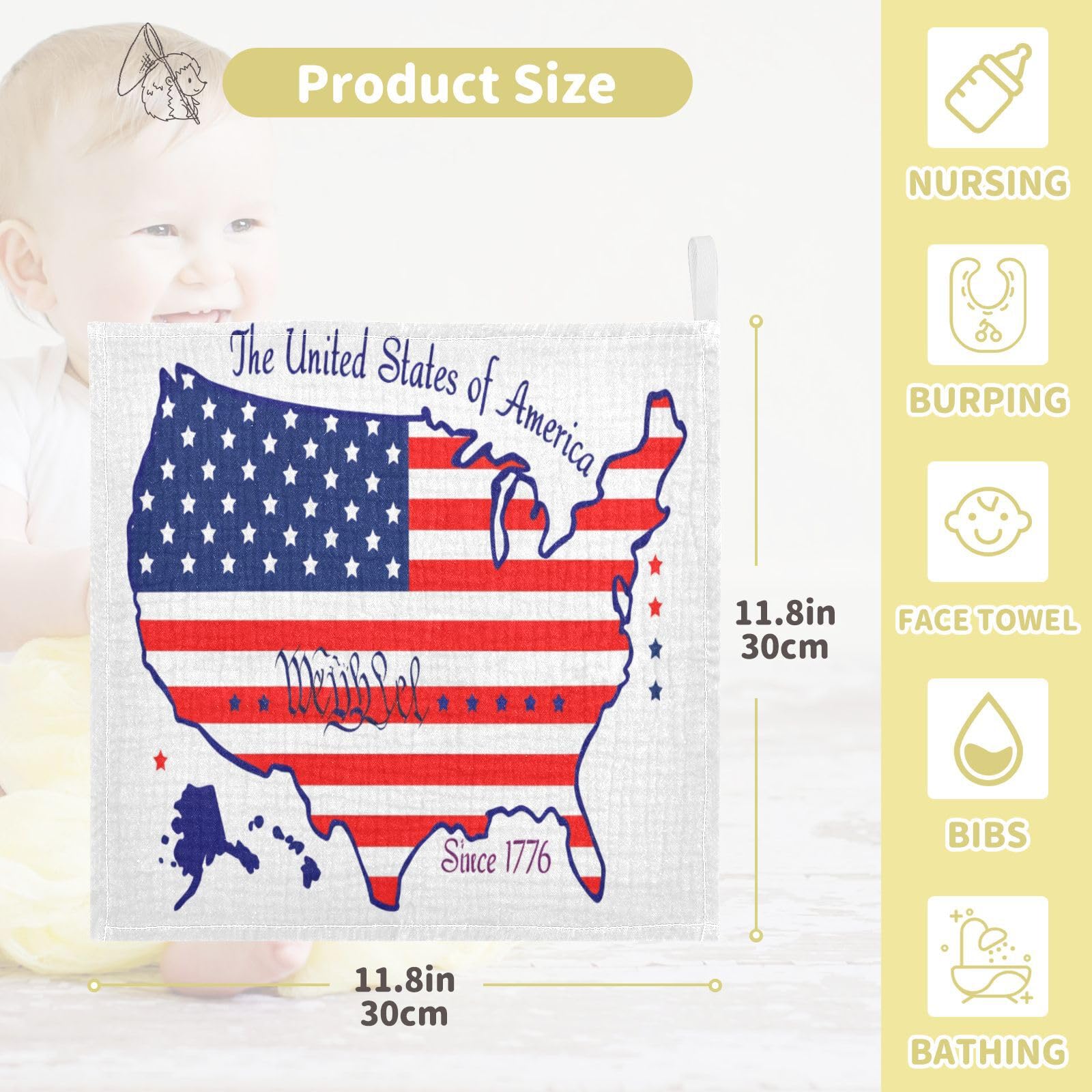 Nander 5Pack Baby Muslin Washcloths,American Flag Style Map Soft Face Cloths for Newborn, Absorbent Bath Wash Cloths, Wipes, Burp Rag,Toddlers Essentials Stuff, Baby Registry as Shower