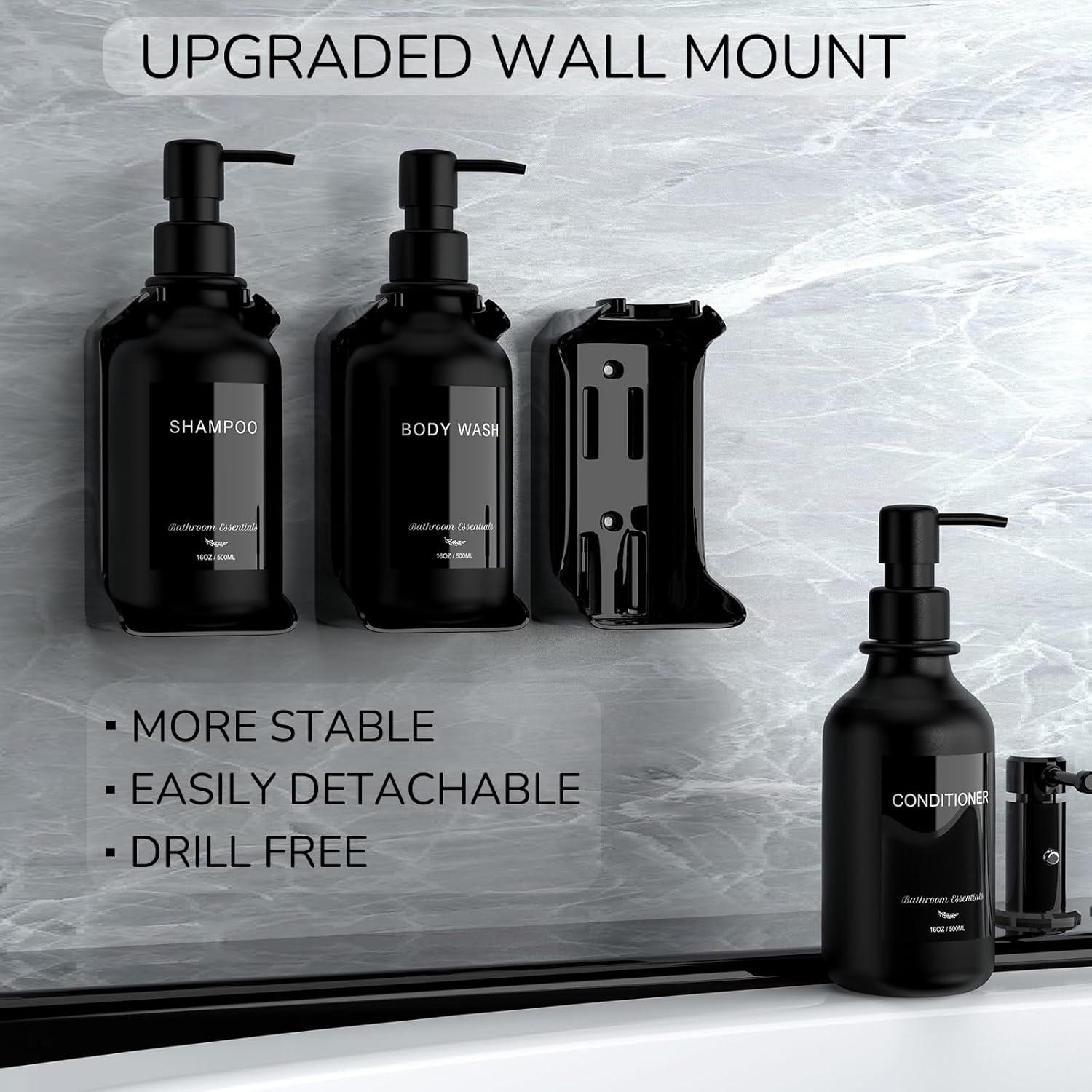Modern Shampoo and Conditioner Dispenser - Shower Soap Dispenser Wall Mounted - 16 oz Set of 3 Plastic Black Bottles with Black Pumps - Stylish Shampoo Dispenser, Shower Dispenser 3 Chamber No Drill