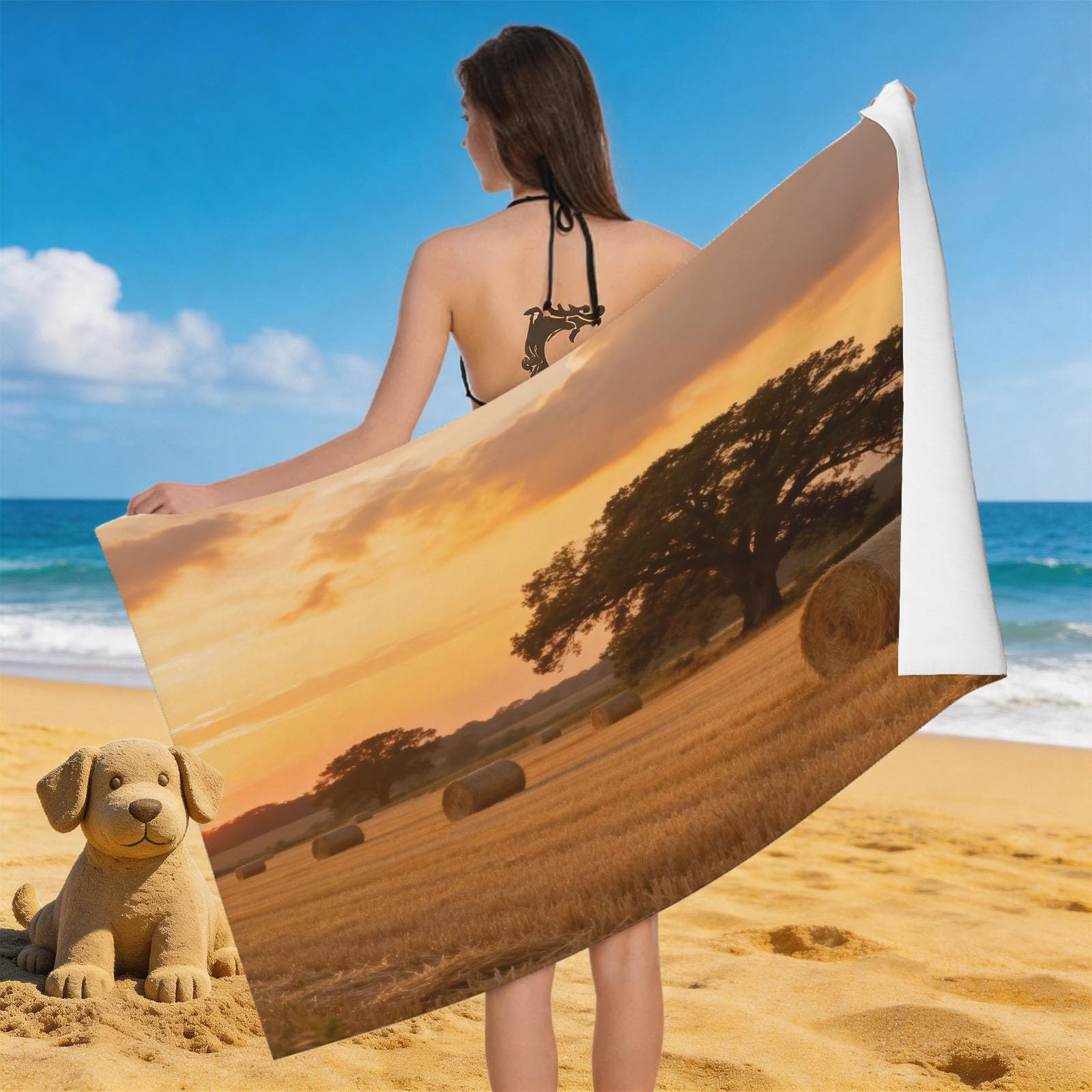 Leichong 3D Wheat Beach Towel Large Microfiber Soft Quick Dry for Adults, Rural Landscape Bath Towel Lightweight Soft Absorbent for Travel Swimming Pool Sports, 180 x 90 cm