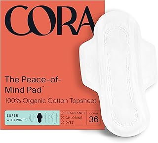 Cora Organic Pads | Ultra Thin Period Pads with Wings | Super Absorbency | Ultra-Absorbent Sanitary Pads for Women | 100% Organic Cotton Topsheet (36 Count)