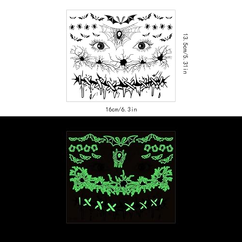 Miniatura 6 de Crece en la oscuridad Tatuajes faciales aterradores, calavera de azúcar neón Halloween Cara Tatuajes temporales Día de los Muertos Maquillaje