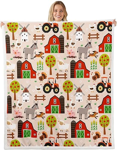 Barn House Truck Car Flannel Blanket,Farm Animal Fleece Blanket for Room Decor,Rustic Farmhouse Style Throw Blankets for Sofa Couch,Throw 50"x60"