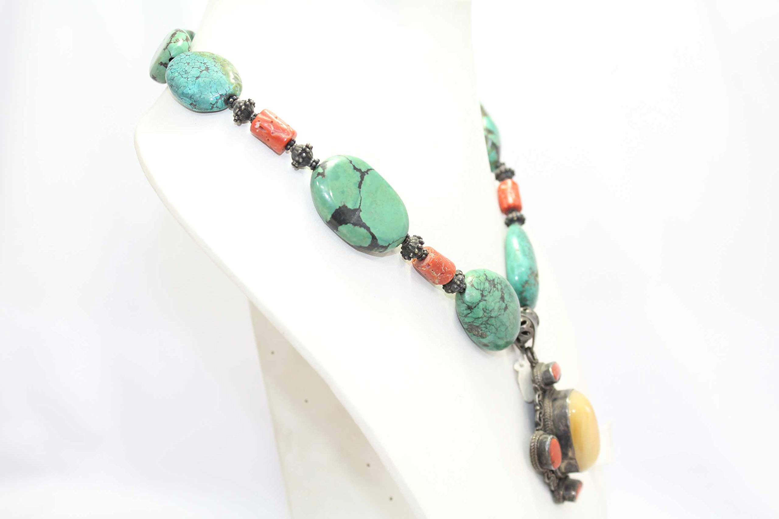 Rajasthan Gems - Collana tibetana fatta a mano, in argento Sterling, giada naturale, turchese e pietra corallo B