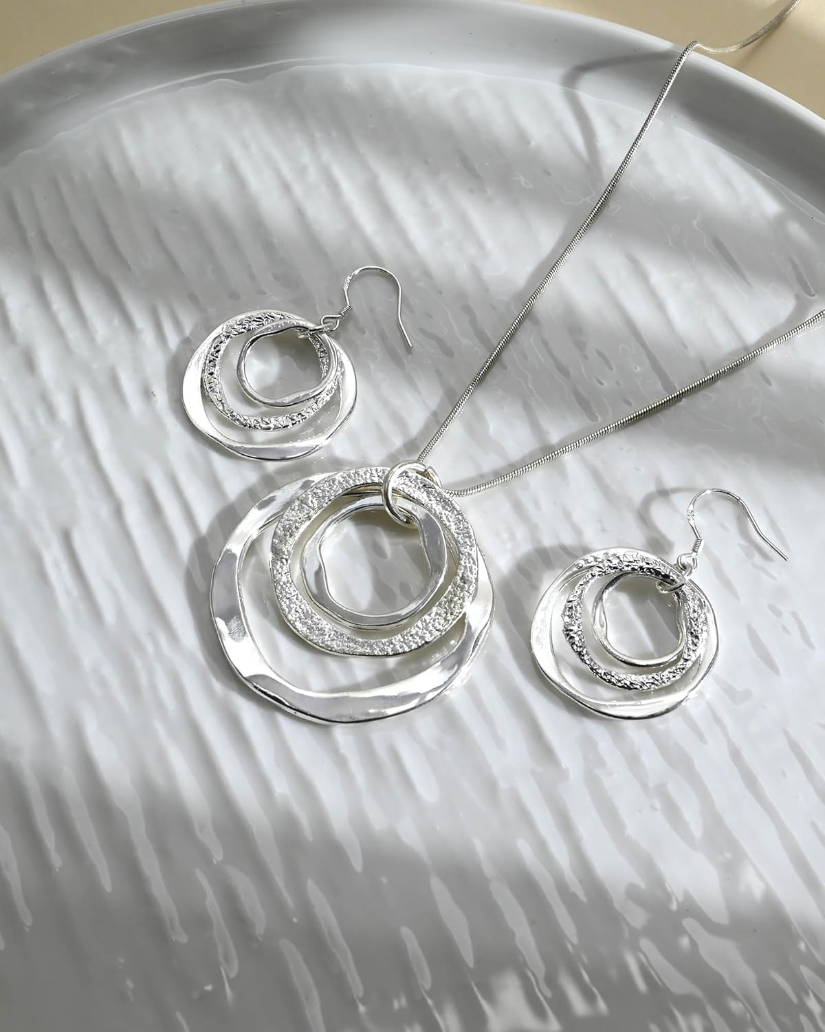 Hypoallergenic Silver Circle & Dangle Earrings and Necklace Set for Women Geometric Boho Style Hoop Jewelry for Women-Lightweight & Dangling-Gift for Bohemian Fashionistas - Image 6