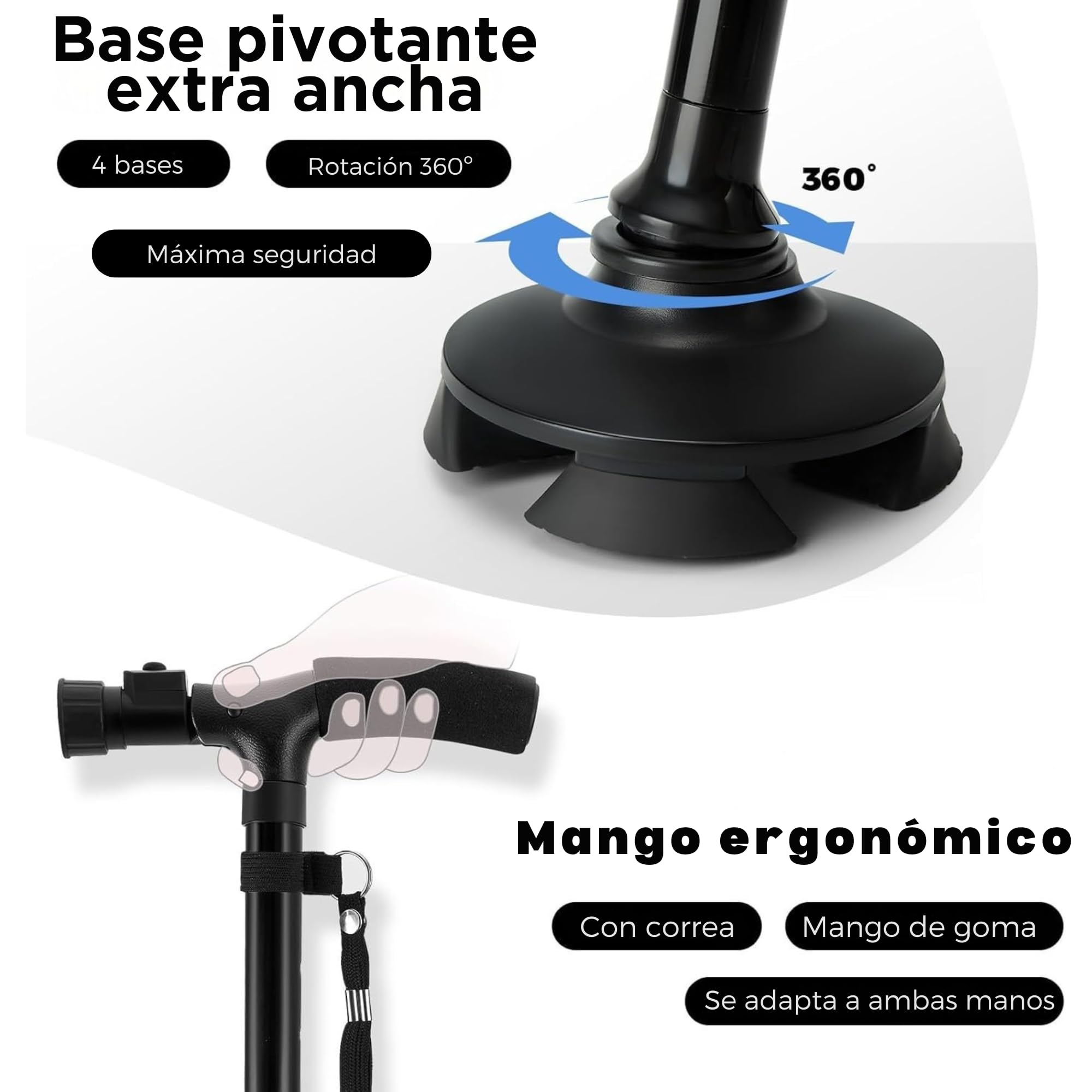 SMARTIA - Bastón Plegable con Alarma y Luz LED, Bastón para Mayores con Base Antideslizante y anticaidas, Altura Ajustable a 5 Niveles, Bastón para Mujer y Hombre, Materiales de 1ª Calidad
