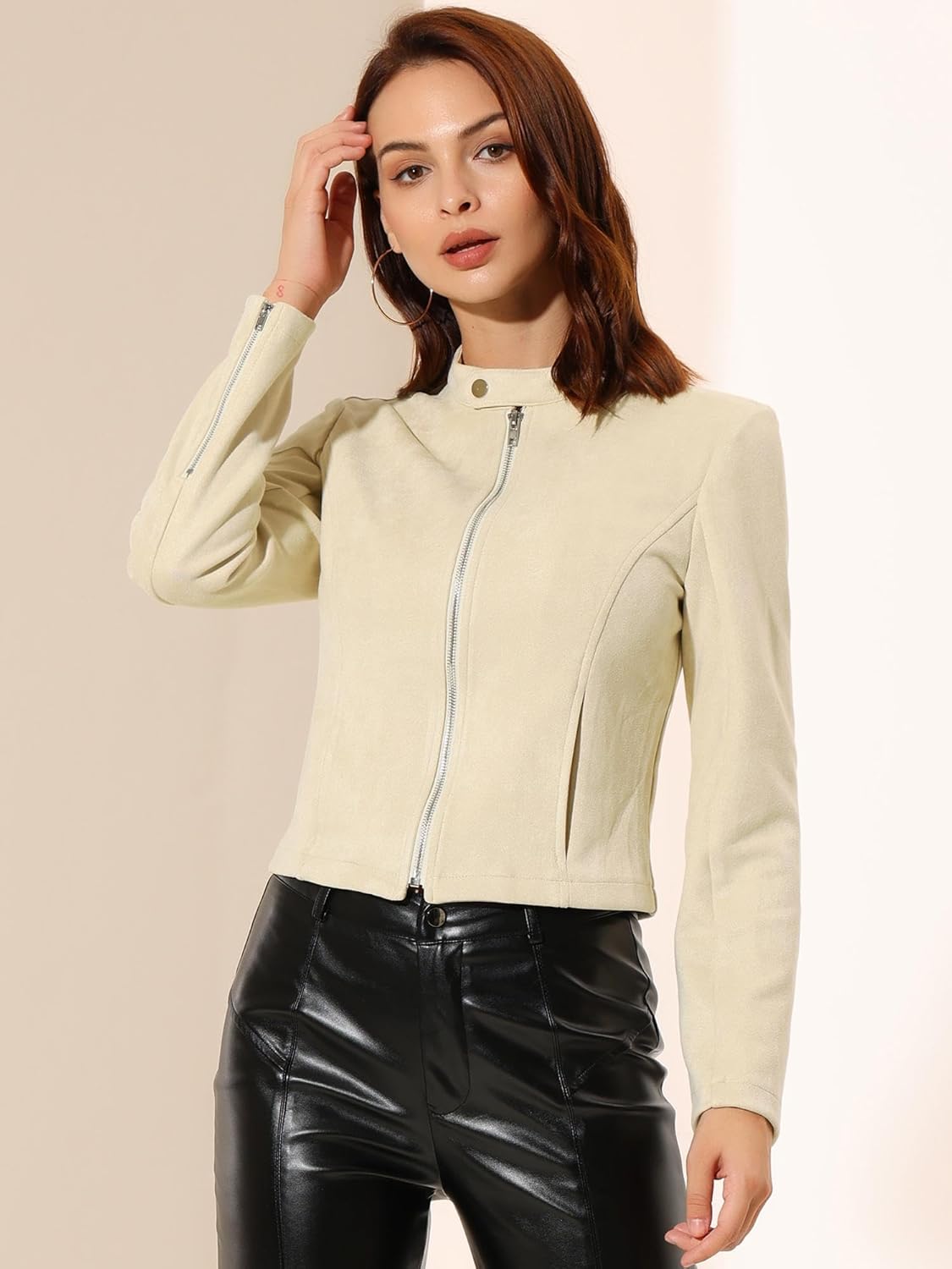 Allegra K Women's Faux Suede Jacket Stand Collar Zip Up Long Sleeve Motorcycle Biker Coat - Image 2