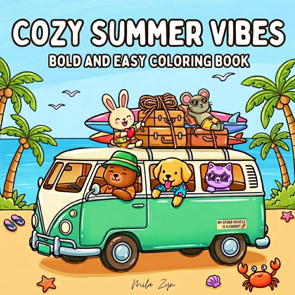 Cozy Summer Vibes: Bold and Easy Coloring Book for Adults and Kids with Cute Animal Summer Scenes for Relaxation