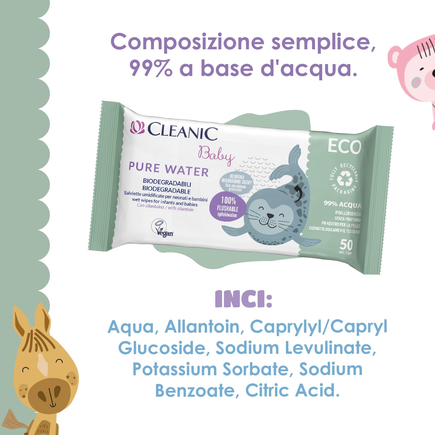 Cleanic Salviette Umidificate Baby Eco Pure Water - (50x16 Pezzi) Salviette - Composizione 99% acqua, allantoina, senza profumo, lavabili, per pelli sensibili - 800 Pezzi