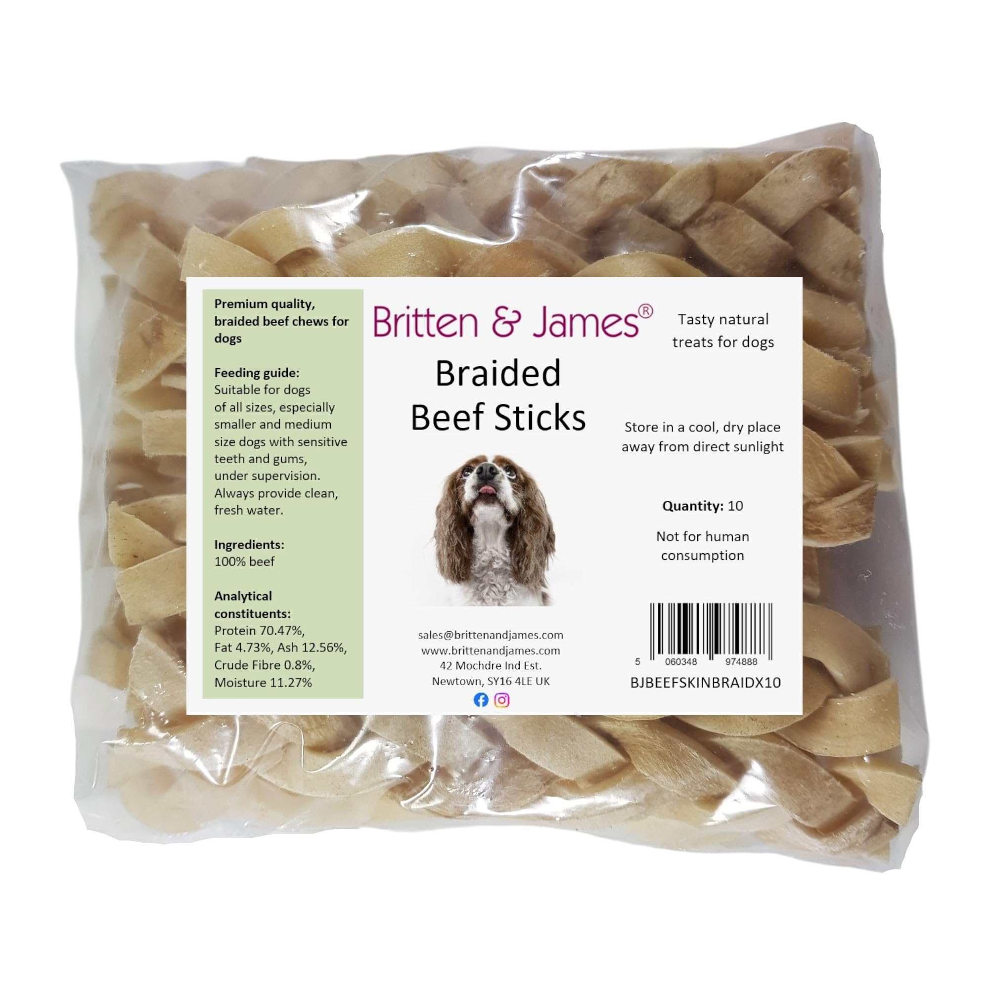 10 Premium Braided Beef Skin Sticks for Dogs by Britten and James