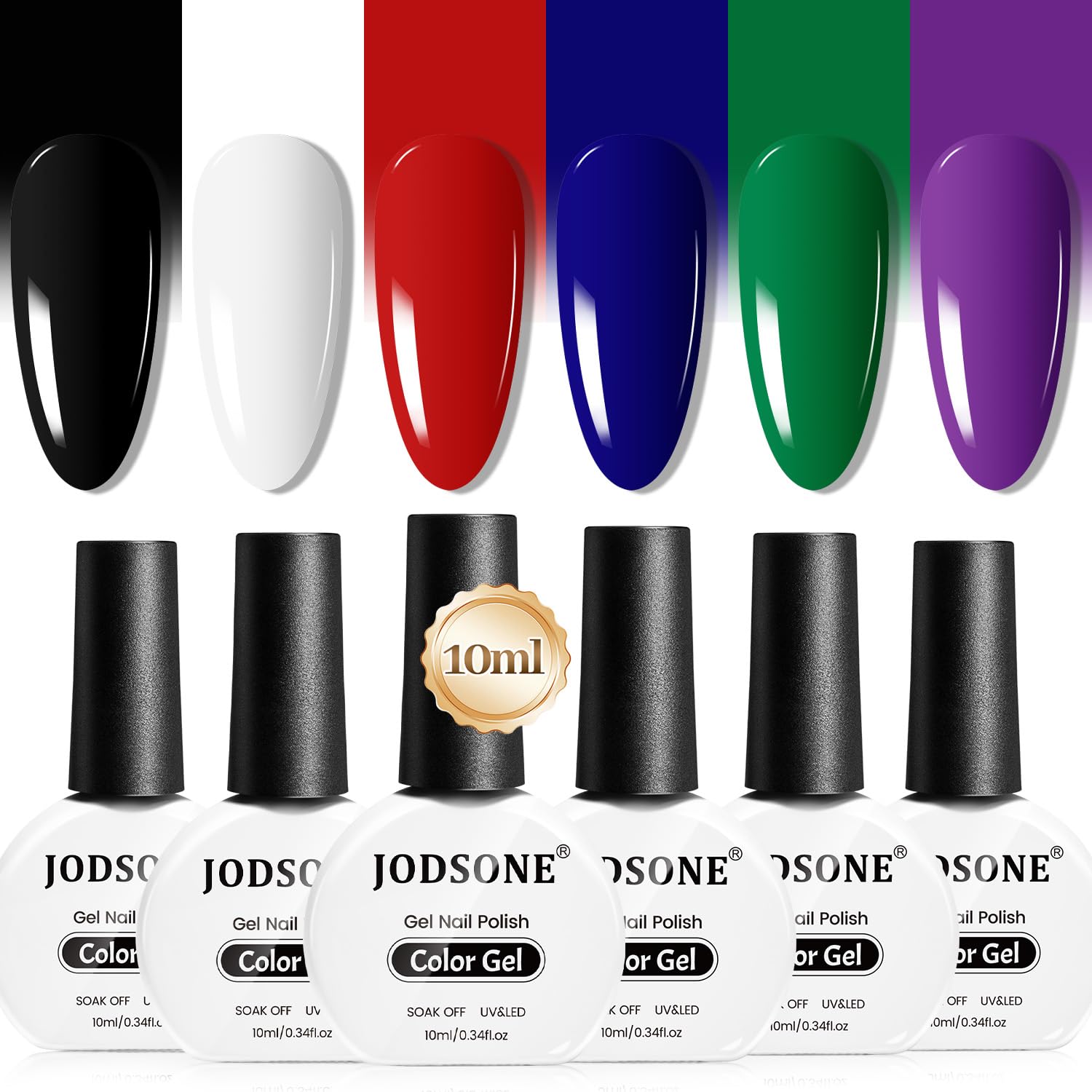 JODSONE 10ml Gel Nail Polish Set 6Colors Black White Red Deep Blue Dark Green Deep Purple All Seasons