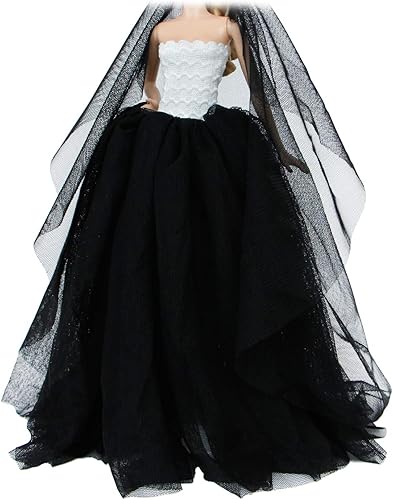 Miniatura 2 de BJDBUS Ropa de muñeca para niña de 11.5 pulgadas, vestido de fiesta de noche con velo largo en blanco y negro