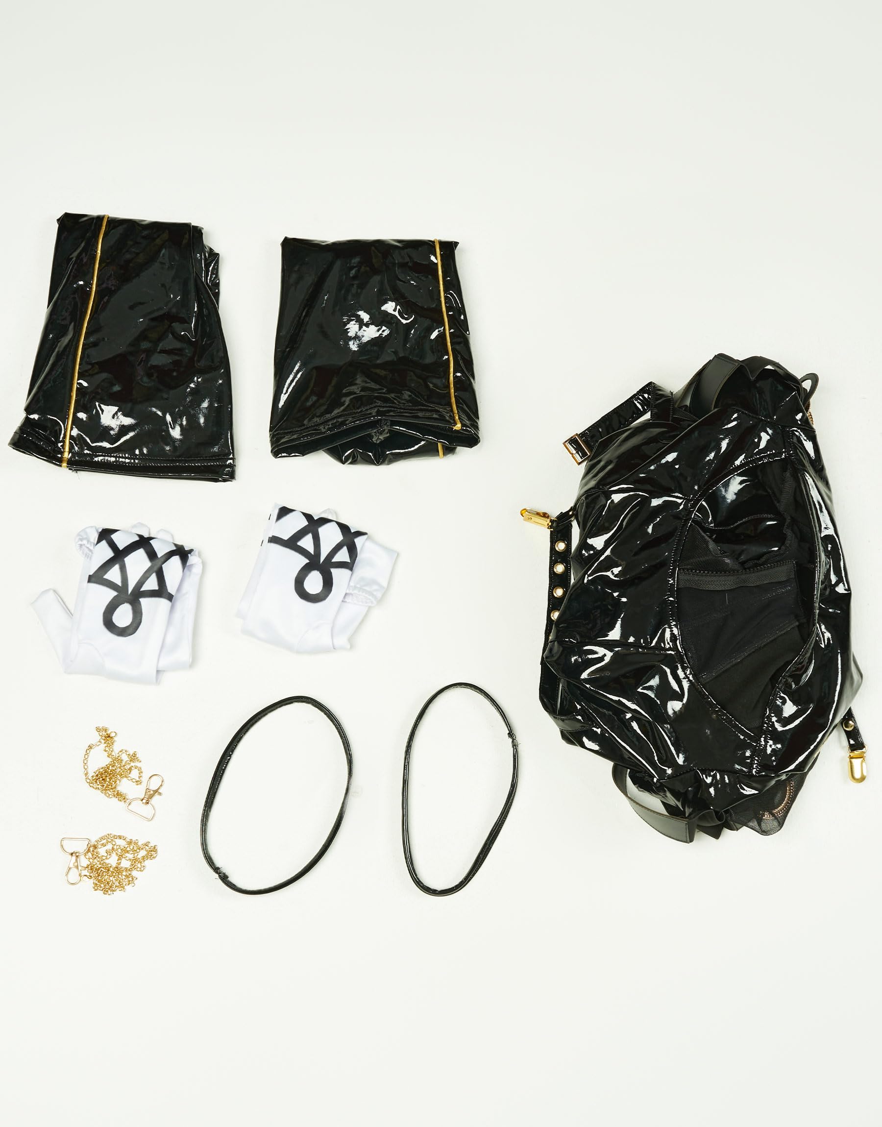 Mobbunny Women Anime Derivative Cosplay Bodysuit with Thigh Socks and Leg Rings Pu Leather Halloween Costume