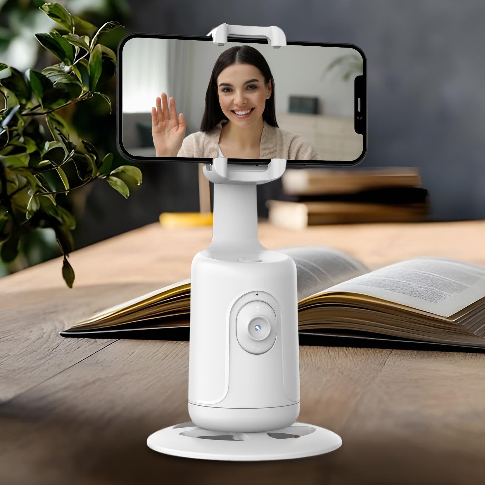 Supporto per telefono con tracciamento automatico, rotazione a 360 gradi, supporto intelligente da scrivania, supporto con sensore di movimento a mani libere, per ufficio, giochi, matrimoni, viaggi