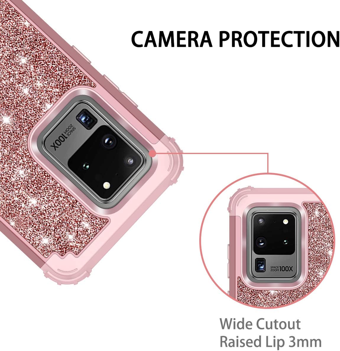 LONTECT for Galaxy S20 Ultra Case Glitter Sparkle Bling Heavy Duty Hybrid Sturdy High Impact Shockproof Protective Cover Case for Samsung Galaxy S20 Ultra 5G 6.9 inch 2020, Shiny Rose Gold